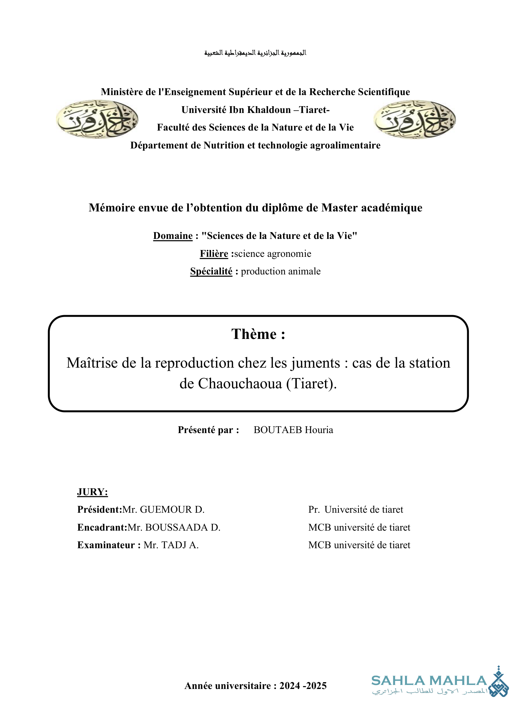 Maîtrise de la reproduction chez les juments : cas de la station de Chaouchaoua (Tiaret).