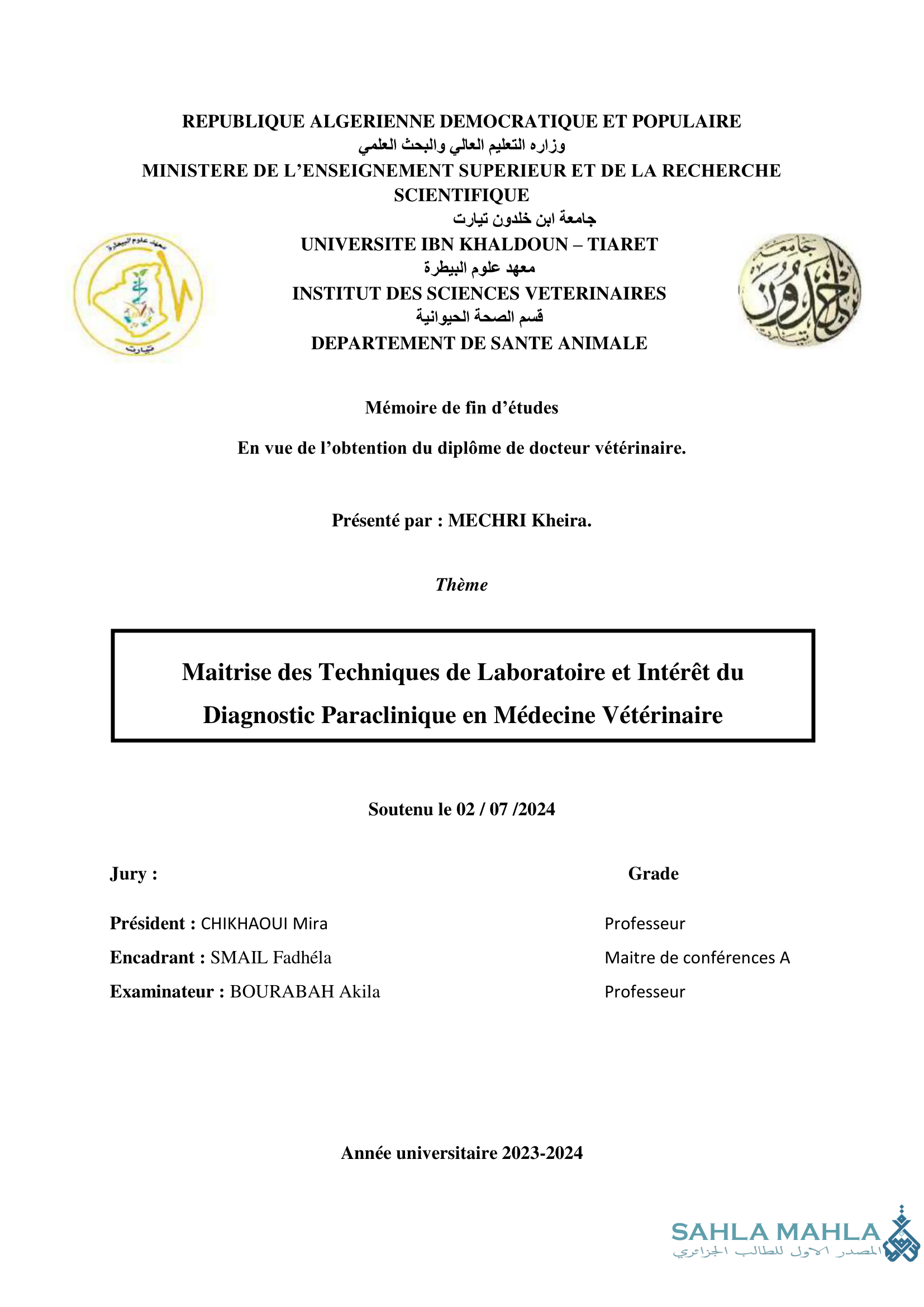 Maitrise des Techniques de Laboratoire et Intérêt du Diagnostic Paraclinique en Médecine Vétérinaire