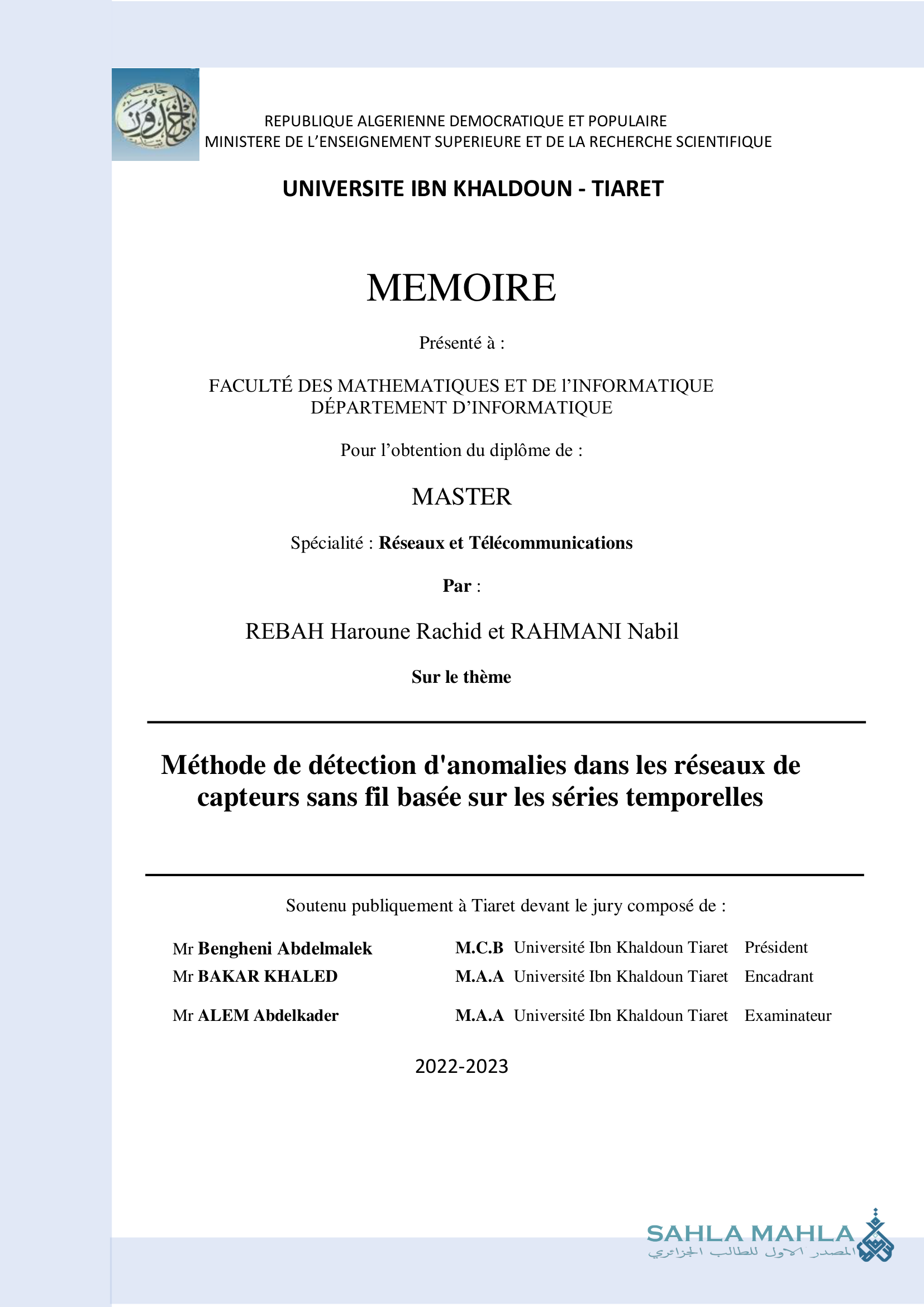 Méthode de détection d'anomalies dans les réseaux de capteurs sans fil basée sur les séries temporelles