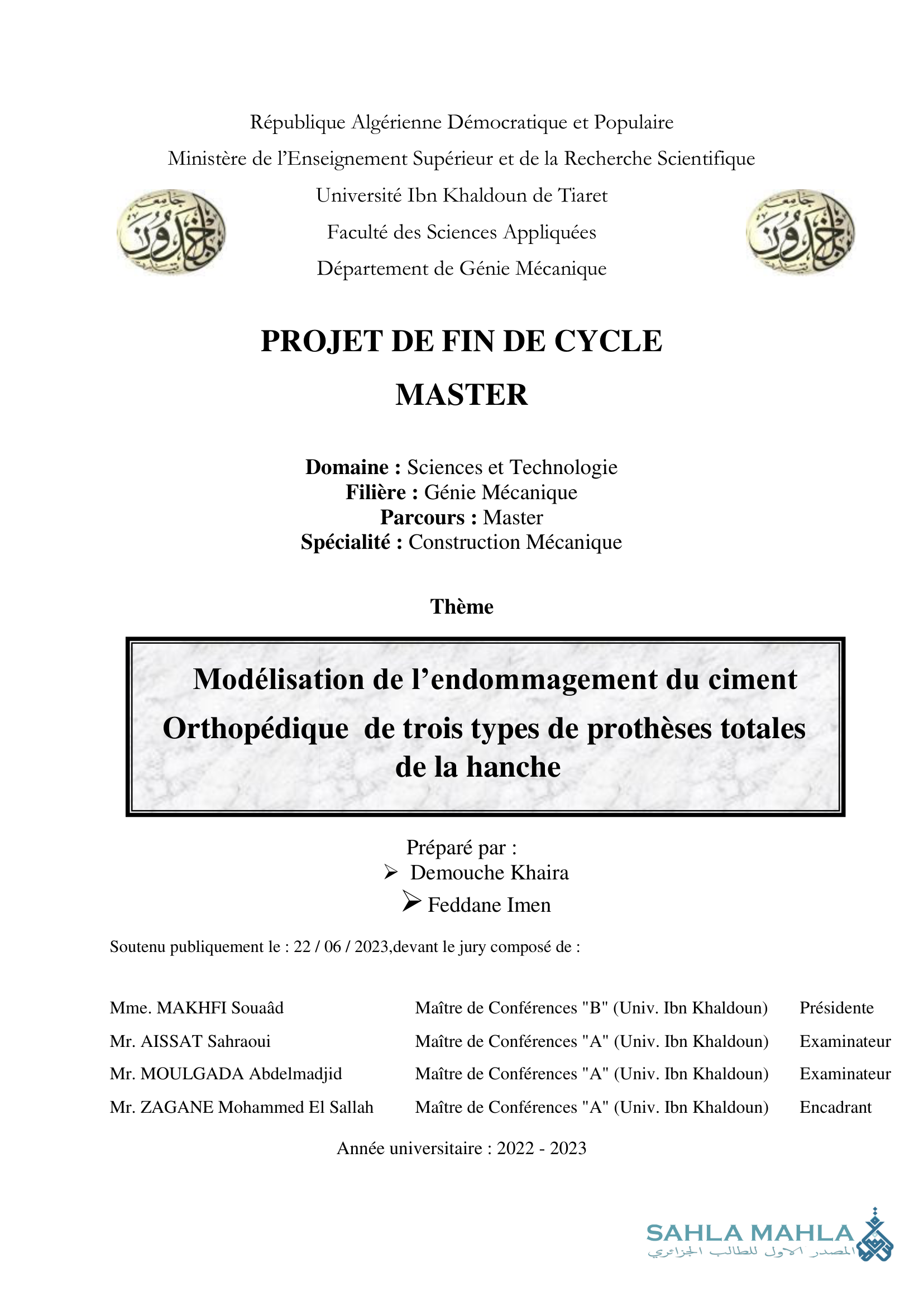 Modélisation de l'endommagement du ciment Orthopédique de trois types de prothèses totales de la hanche