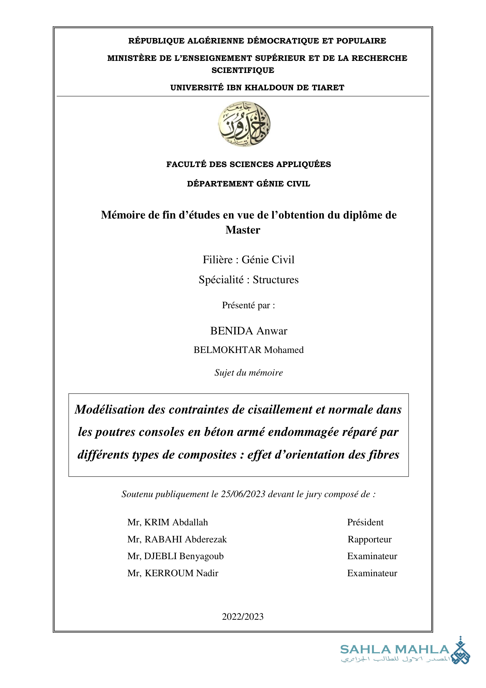 Modélisation des contraintes de cisaillement et normale dans les poutres consoles en béton armé endommagée réparé par différents types de composites: effet d'orientation des fibres