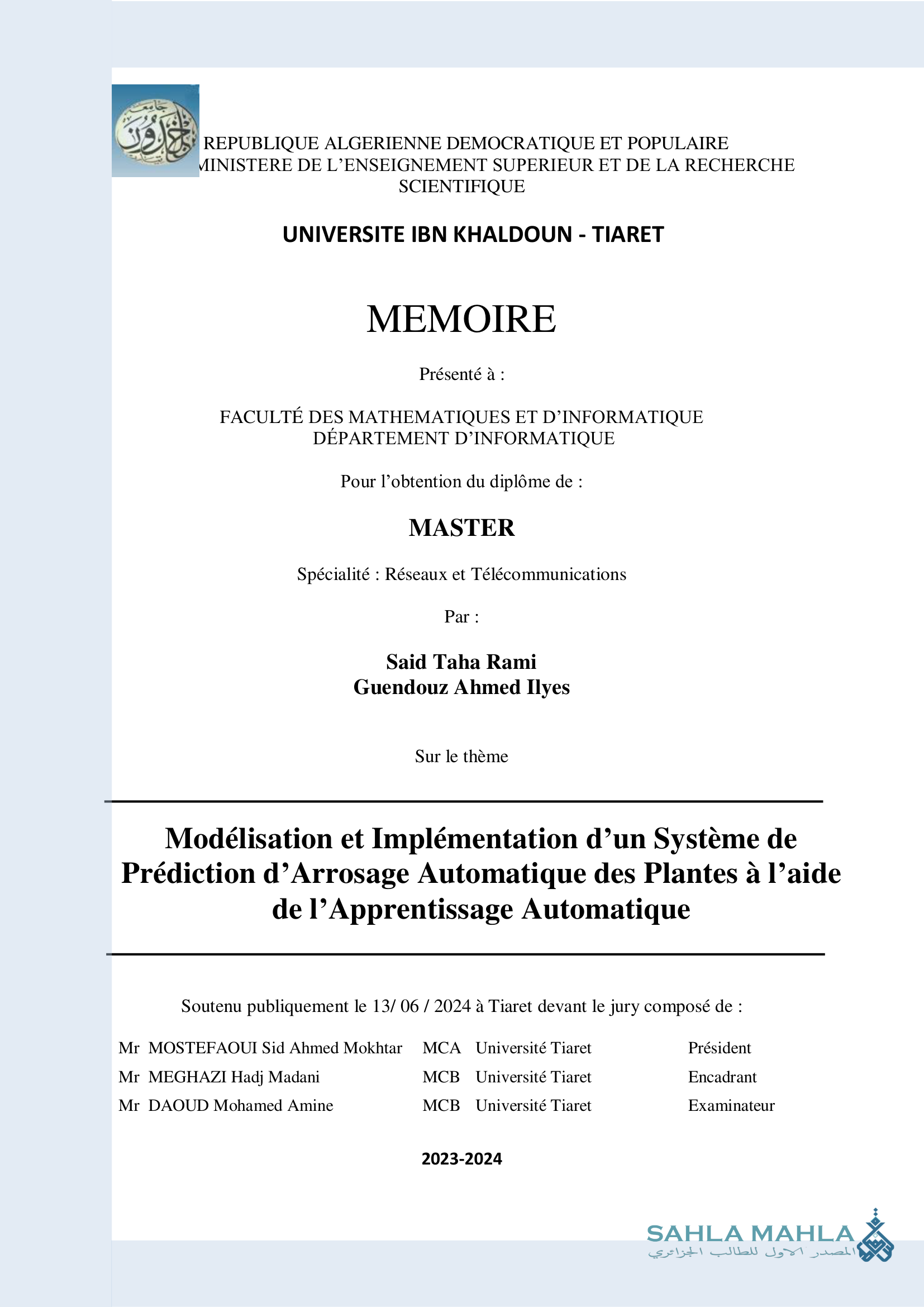 Modélisation et Implémentation d'un Système de Prédiction d'Arrosage Automatique des Plantes à l'aide de l'Apprentissage Automatique
