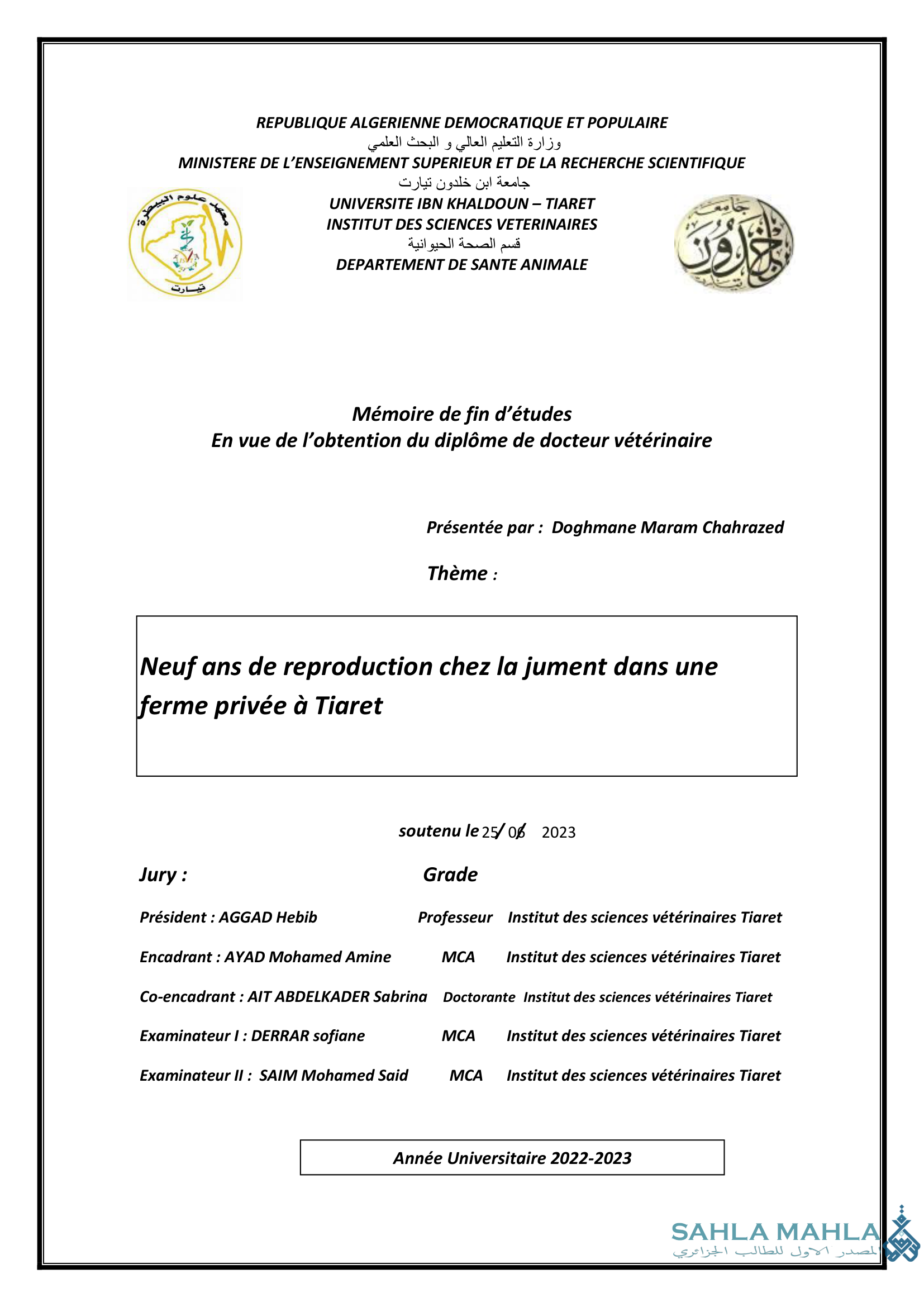 Neuf ans de reproduction chez la jument dans une ferme privée à Tiaret