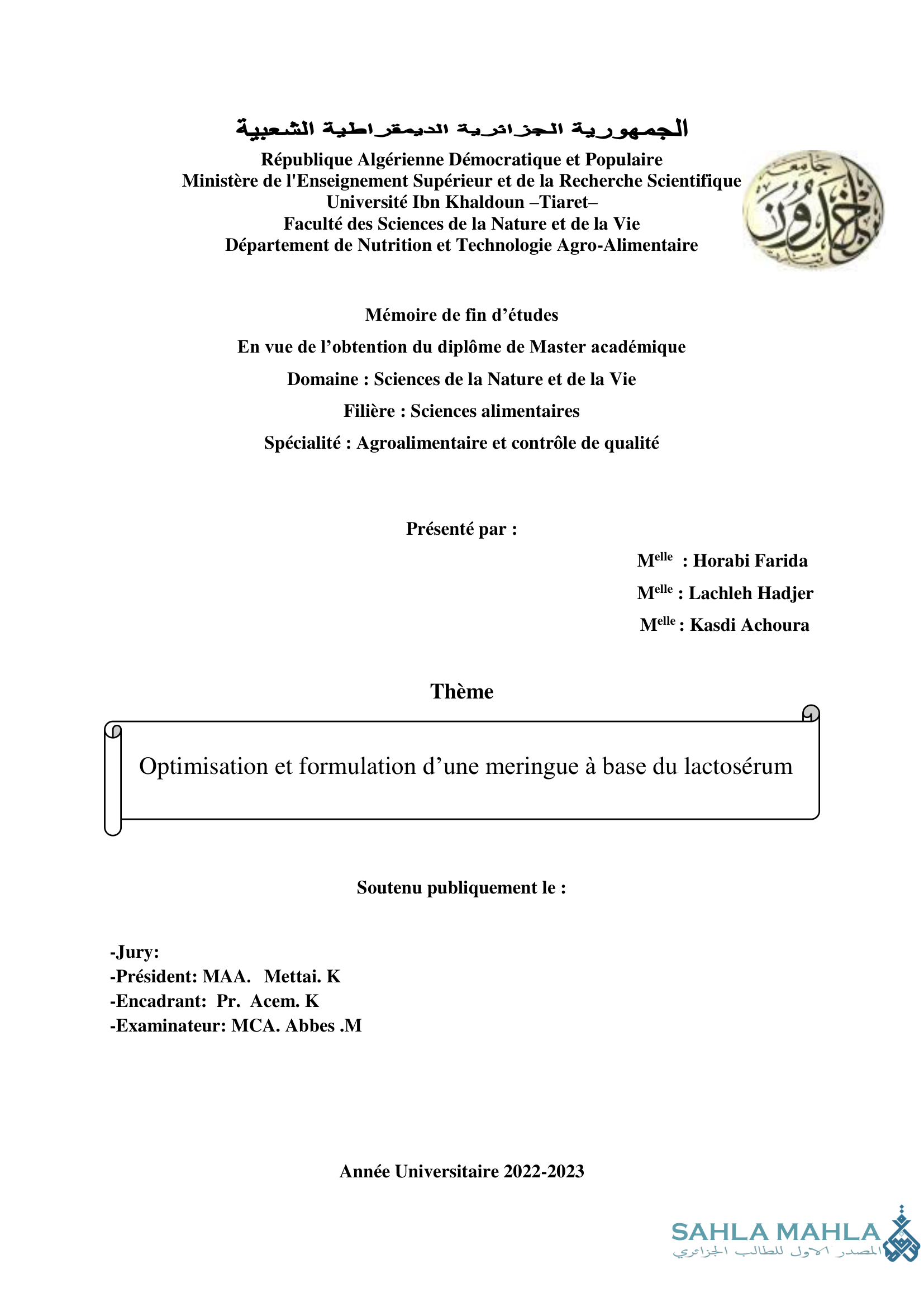Optimisation et formulation d'une meringue à base du lactosérum