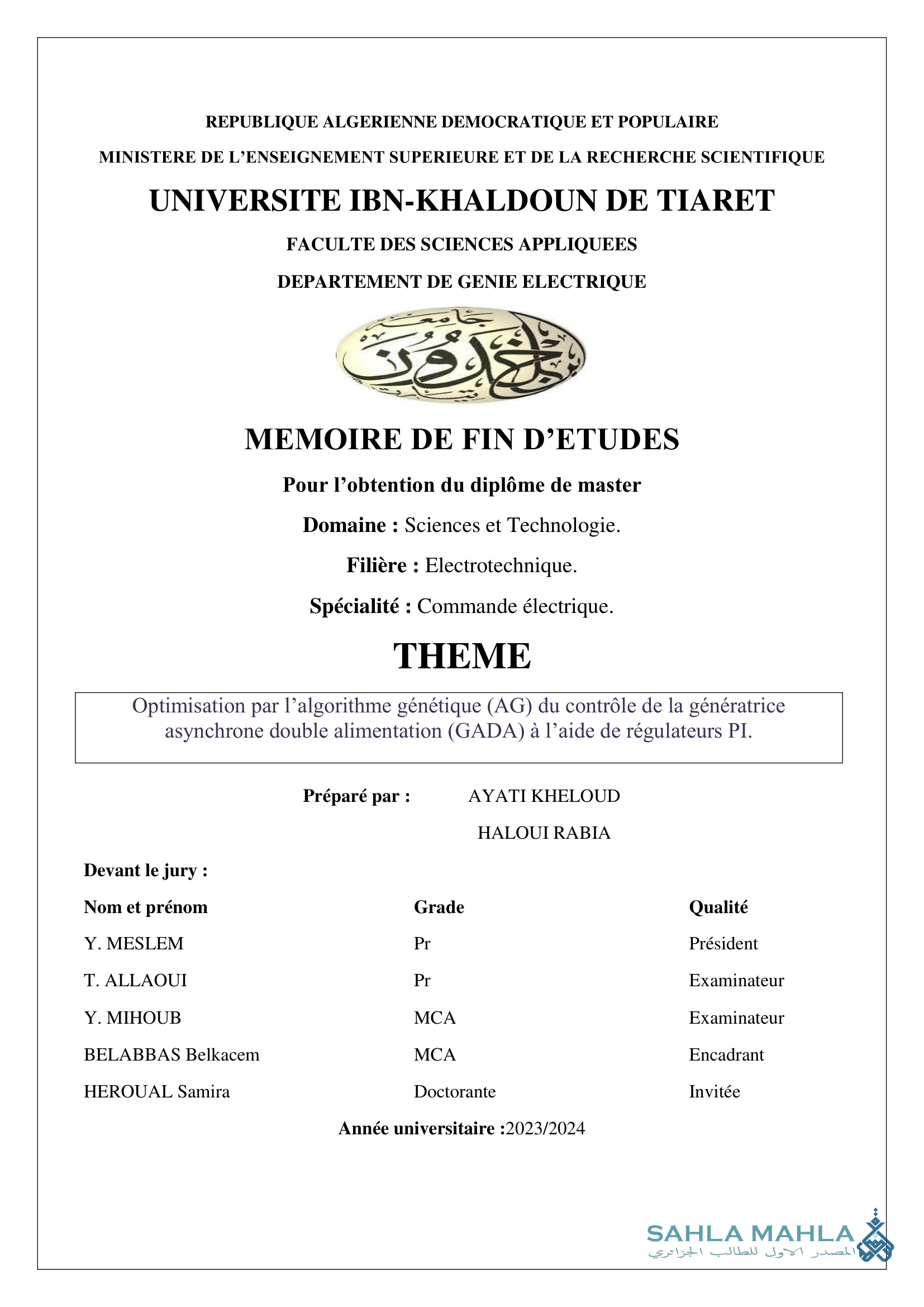 Optimisation par l'algorithme génétique (AG) du contrôle de la génératrice asynchrone double alimentation (GADA) à l'aide de régulateurs PI.