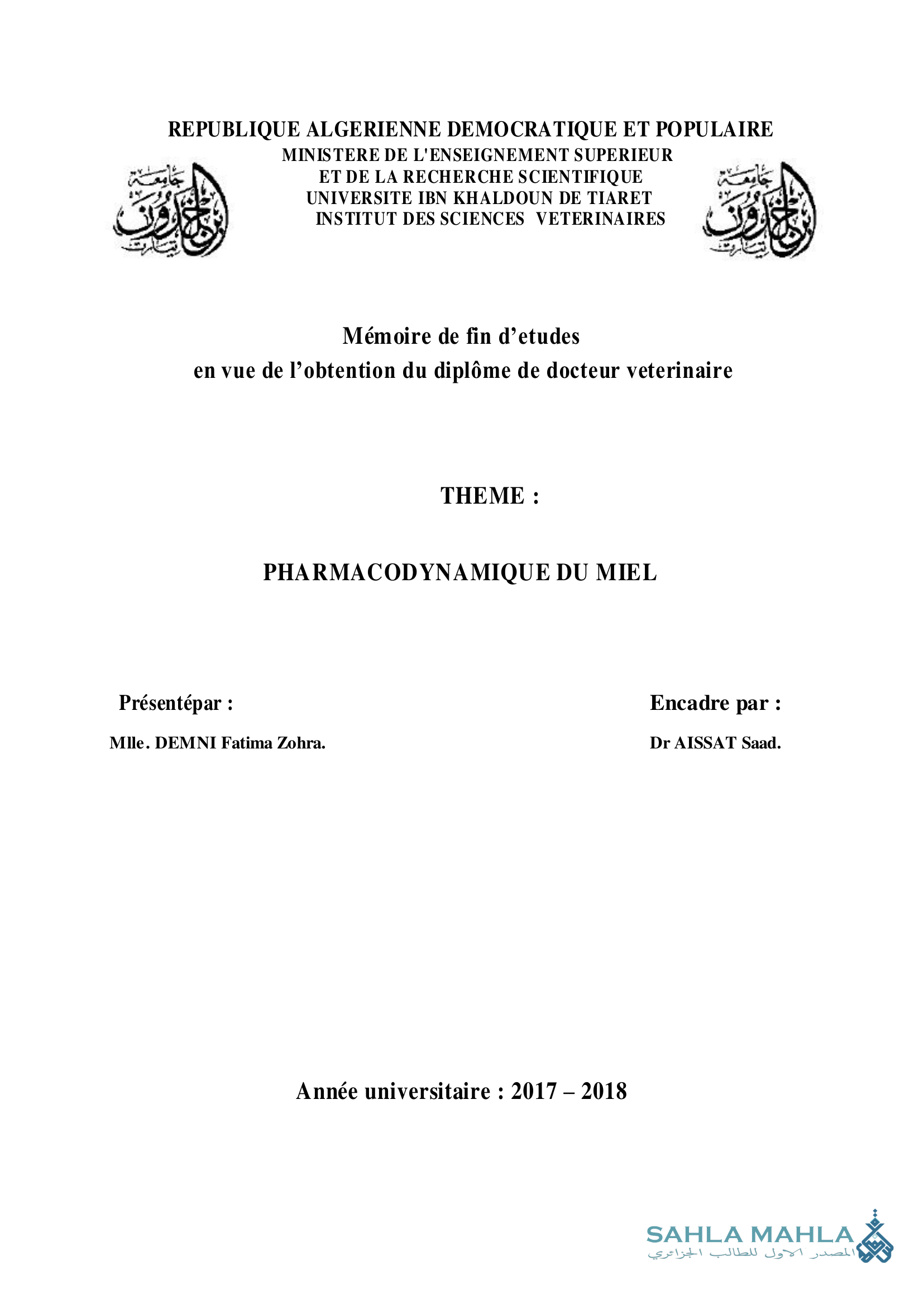 PHARMACODYNAMIQUE DU MIEL