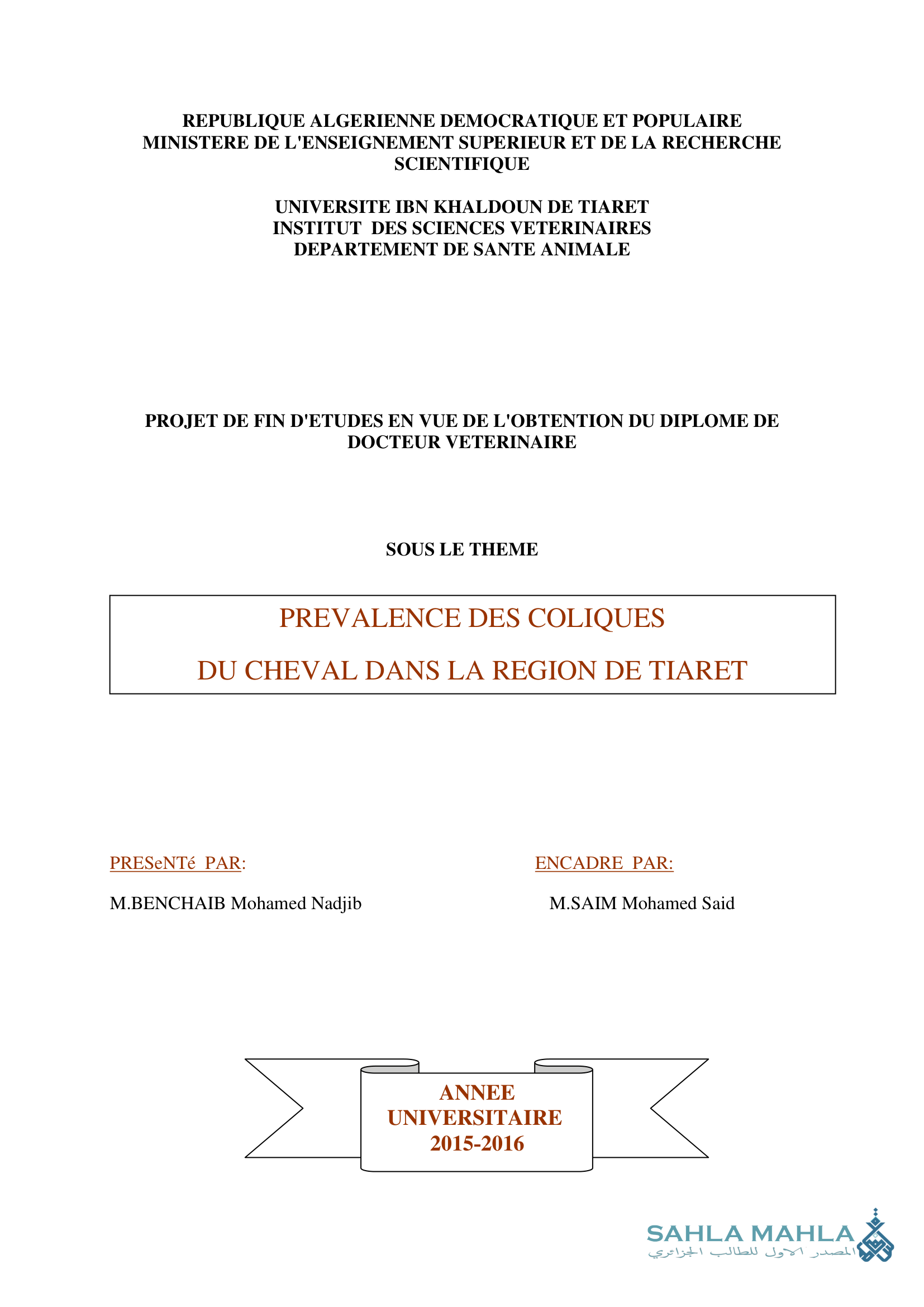 PREVALENCE DES COLIQUES DU CHEVAL DANS LA REGION DE TIARET