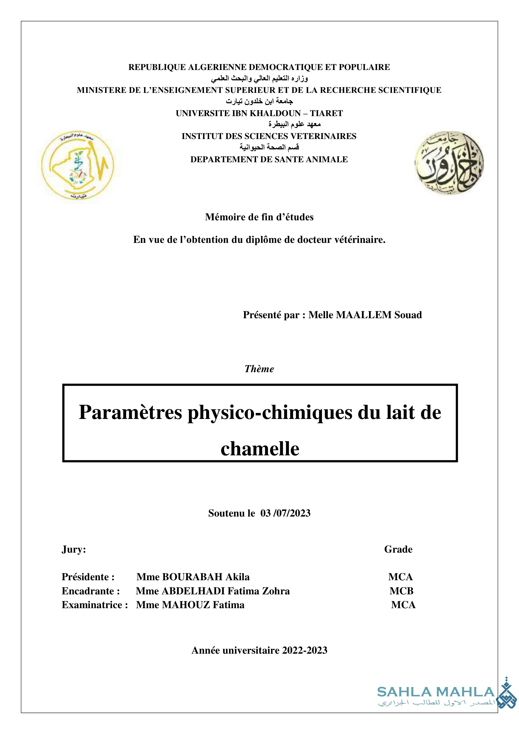 Paramètres physico-chimiques du lait de chamelle