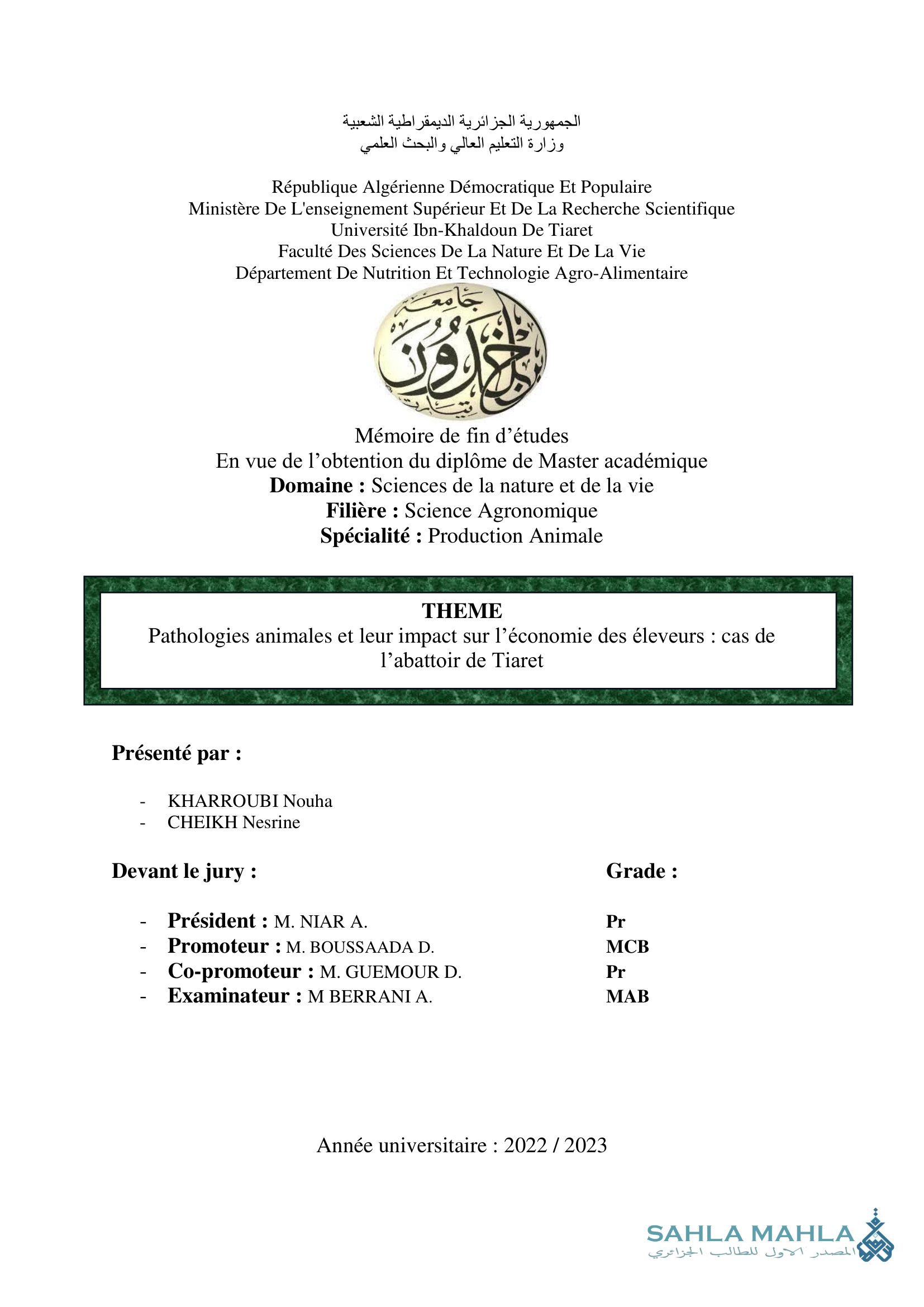 Pathologies animales et leur impact sur l'économie des éleveurs : cas de l'abattoir de Tiaret