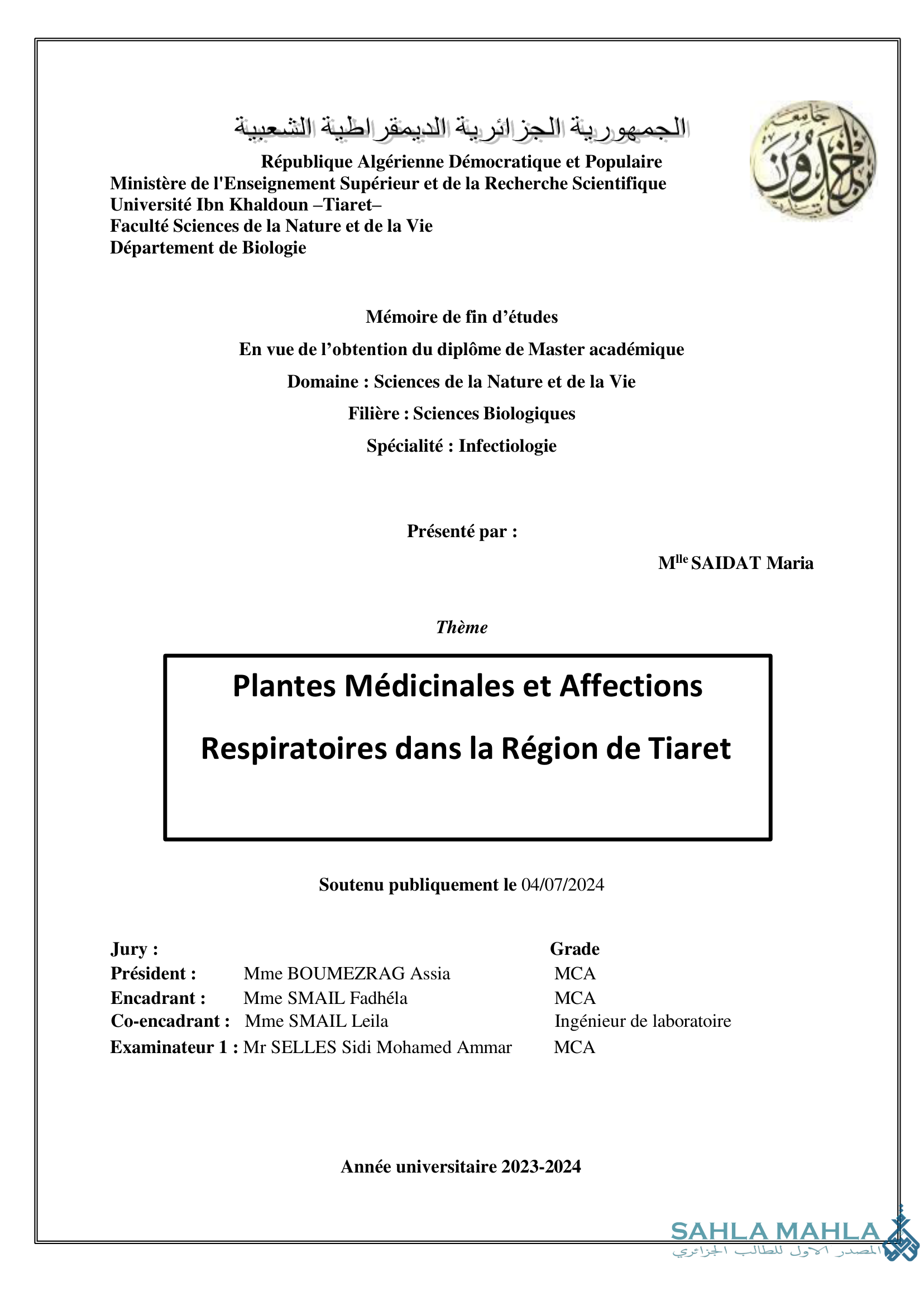 Plantes Médicinales et Affections Respiratoires dans la Région de Tiaret