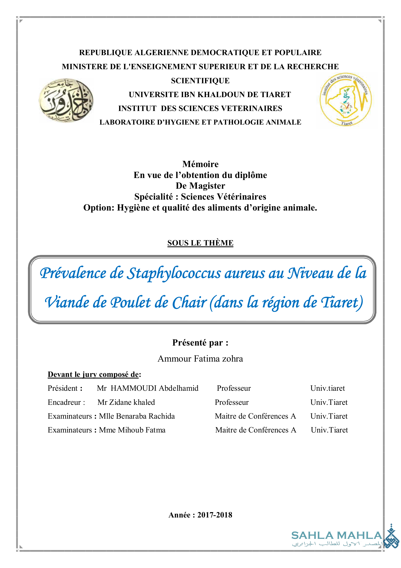 Prévalence de Staphylococcus aureus au Niveau de la Viande de Poulet de Chair (dans la région de Tiaret)
