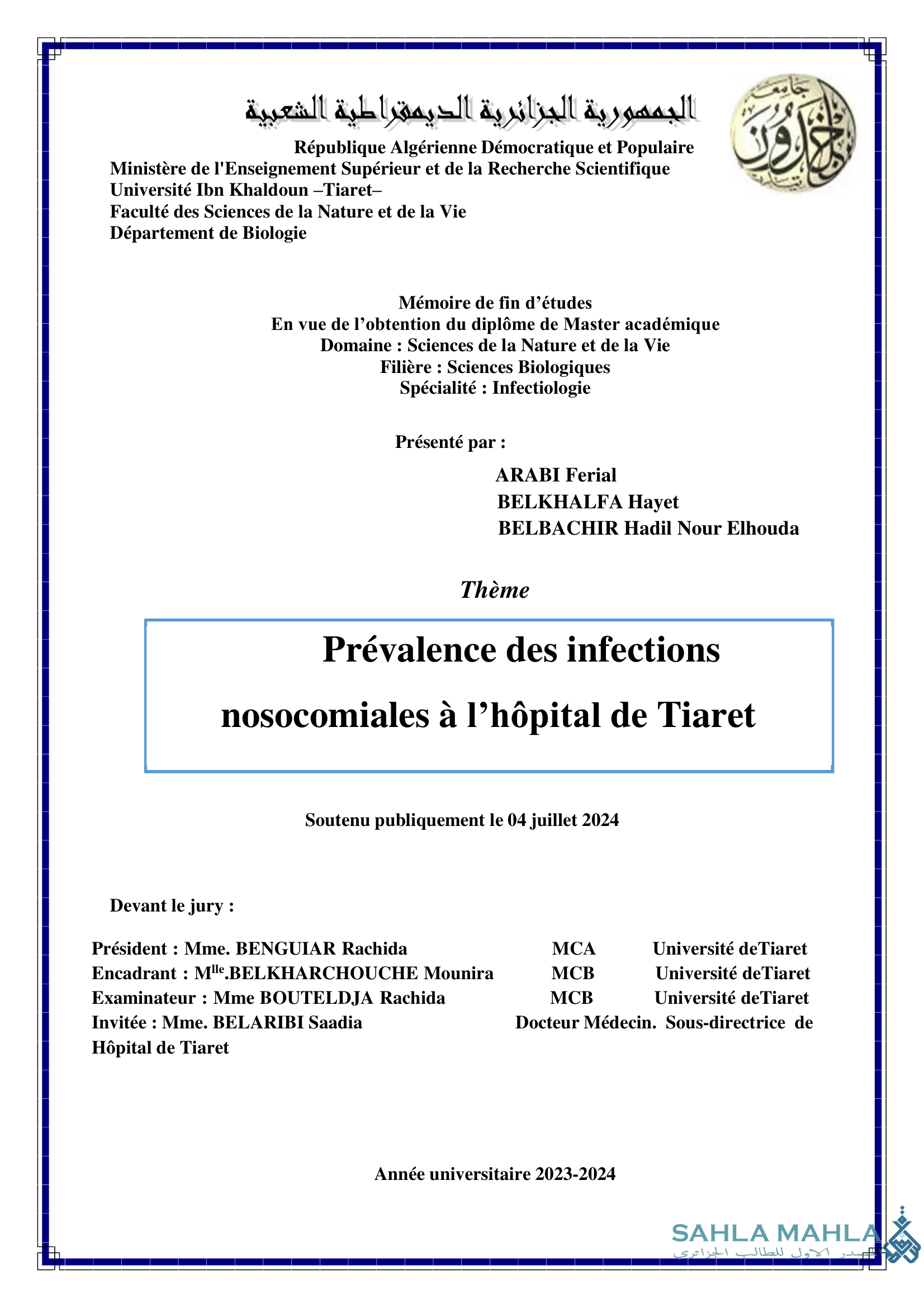Prévalence des infections nosocomiales à l'hôpital de Tiaret