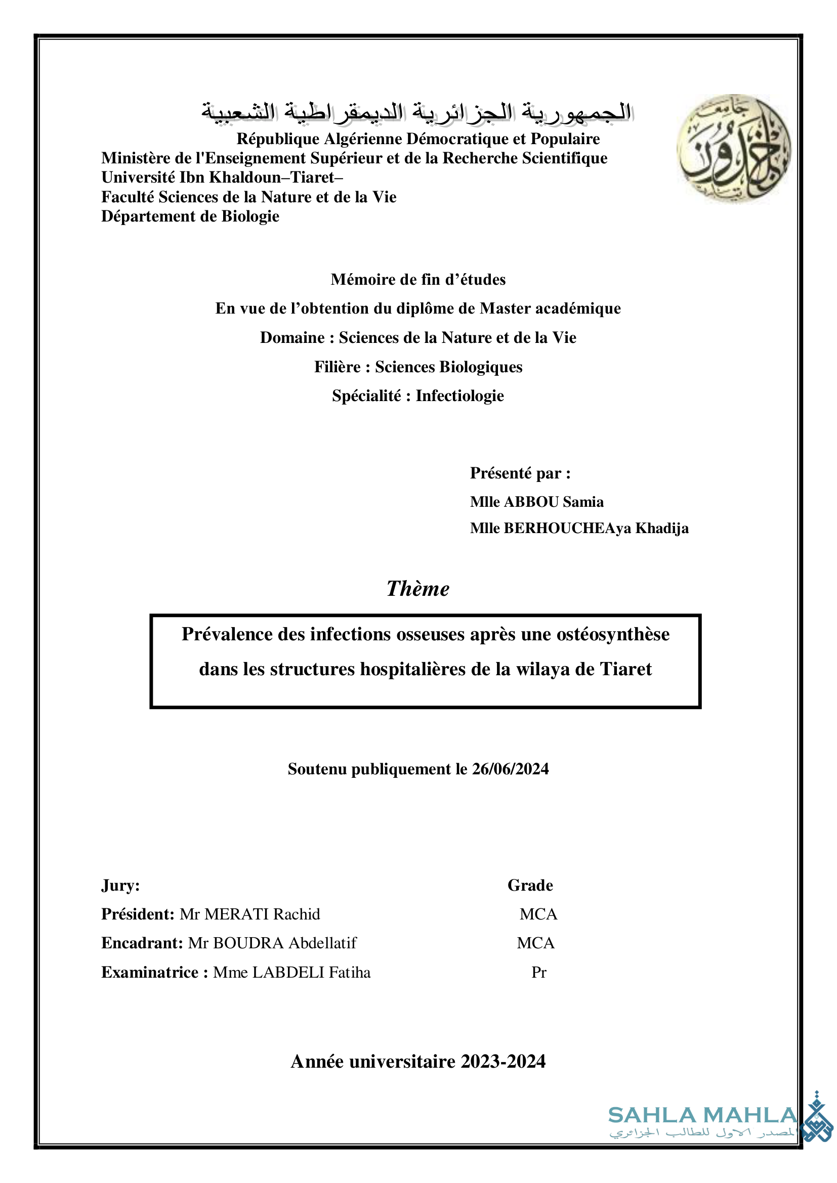 Prévalence des infections osseuses après une ostéosynthèse dans les structures hospitalières de la wilaya de Tiaret