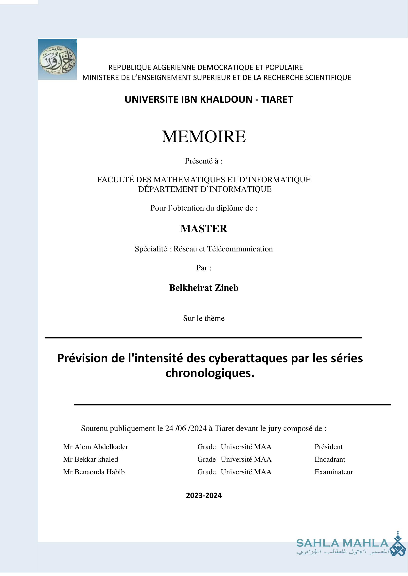 Prévision de l'intensité des cyberattaques par les séries chronologiques.