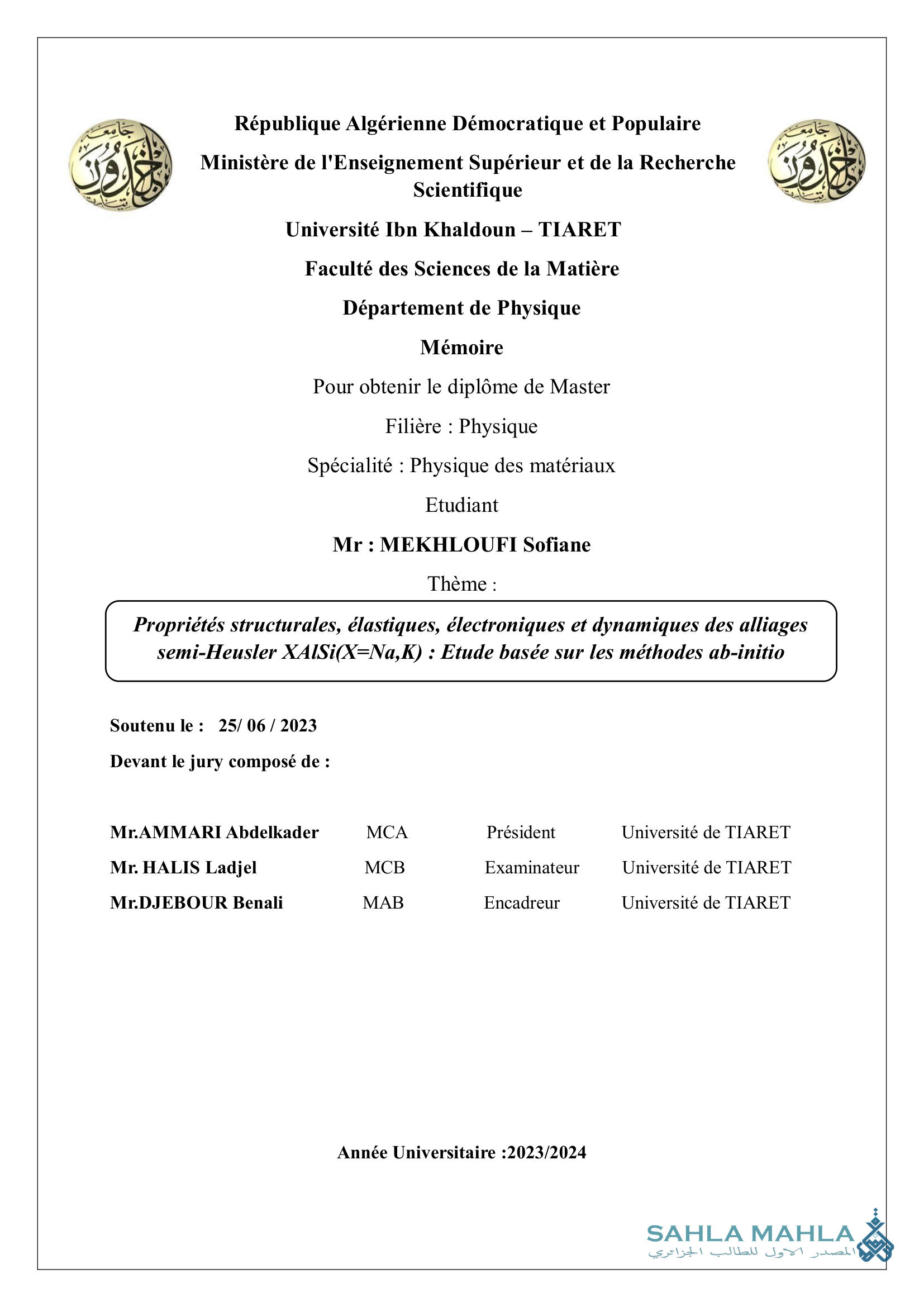 Propriétés structurales, élastiques, électroniques et dynamiques des alliages semi-Heusler XAISi(X=Na,K): Etude basée sur les méthodes ab-initio