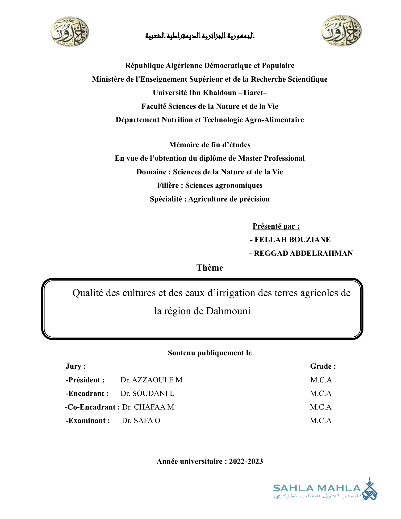 Qualité des cultures et des eaux d'irrigation des terres agricoles de la région de Dahmouni