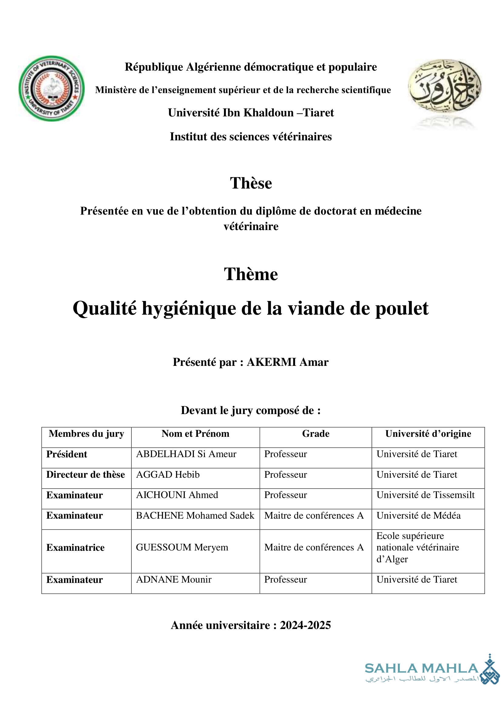 Qualité hygiénique de la viande de poulet