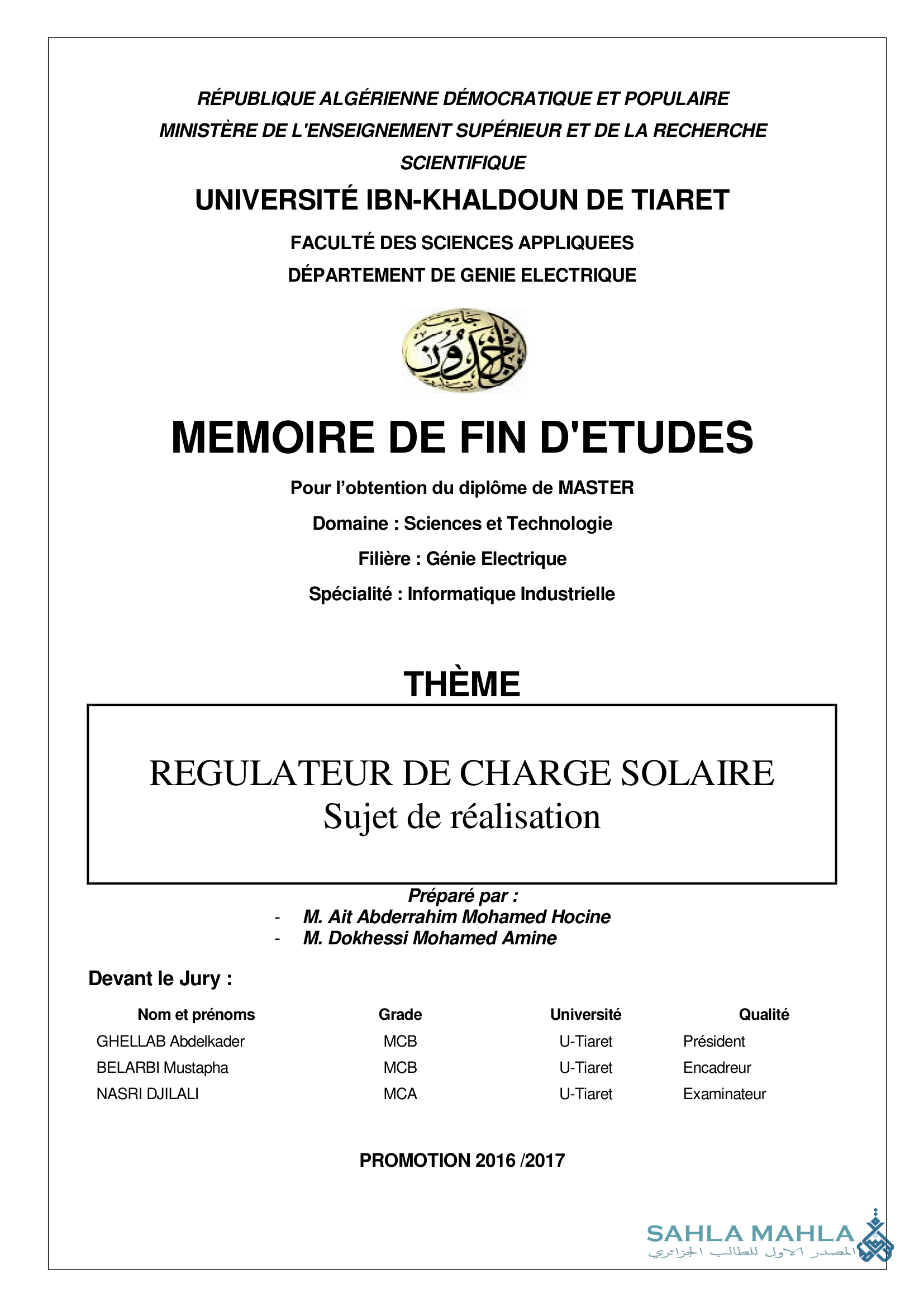REGULATEUR DE CHARGE SOLAIRE Sujet de réalisation