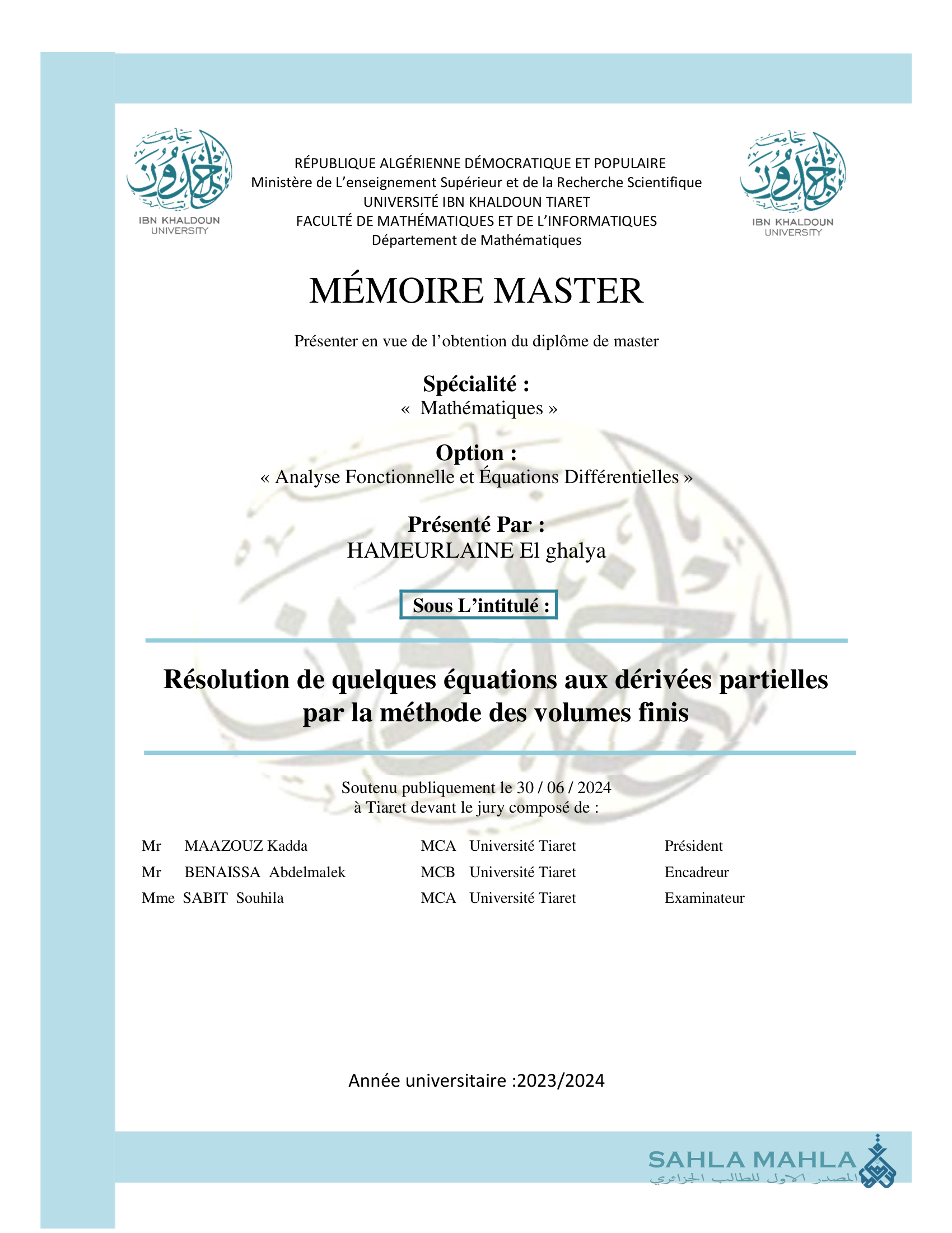 Résolution de quelques équations aux dérivées partielles par la méthode des volumes finis