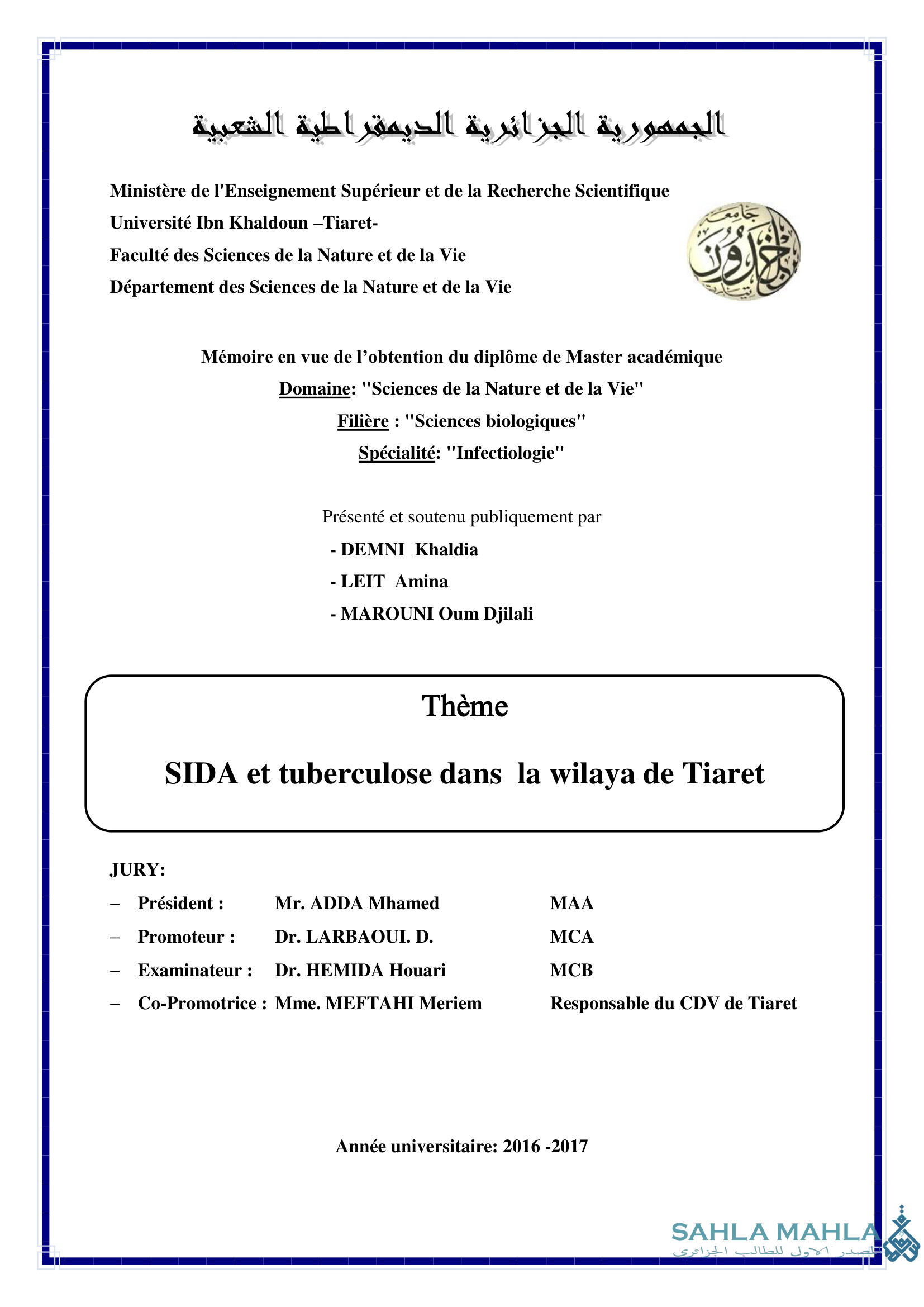 SIDA et tuberculose dans la wilaya de Tiaret
