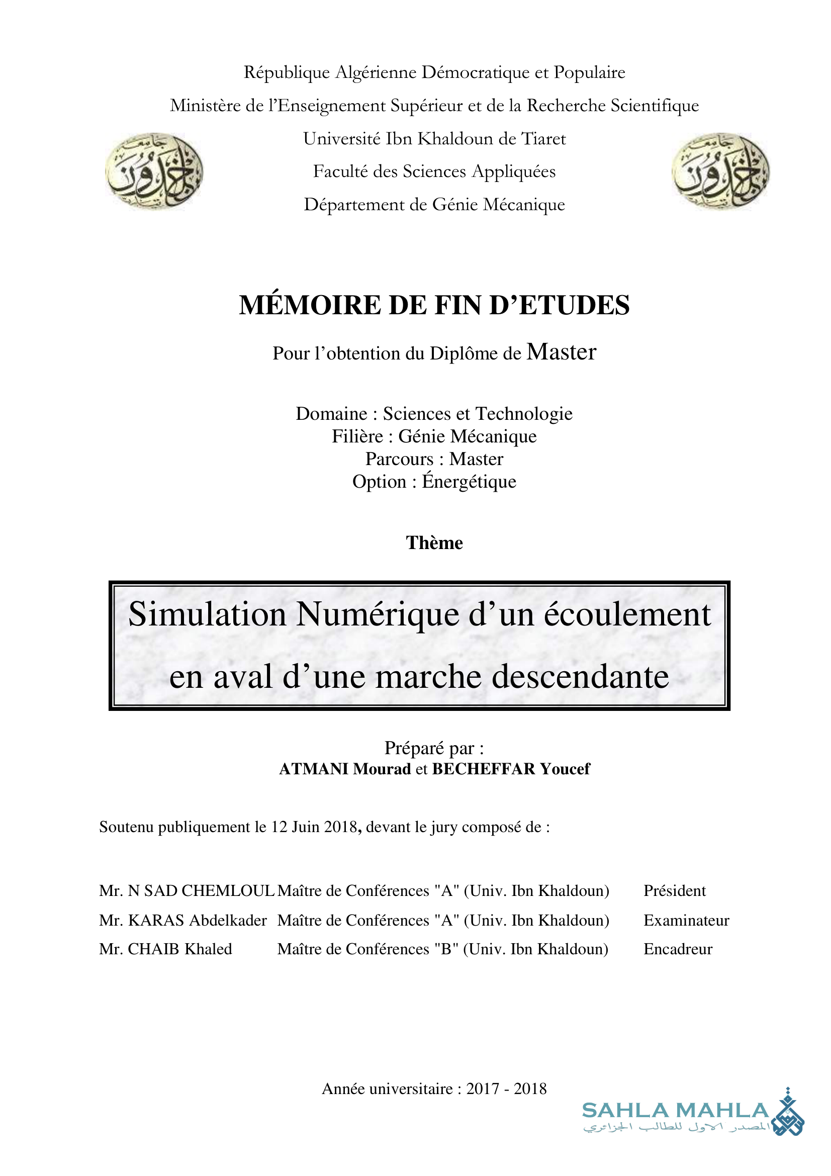 Simulation Numérique d'un écoulement en aval d'une marche descendante