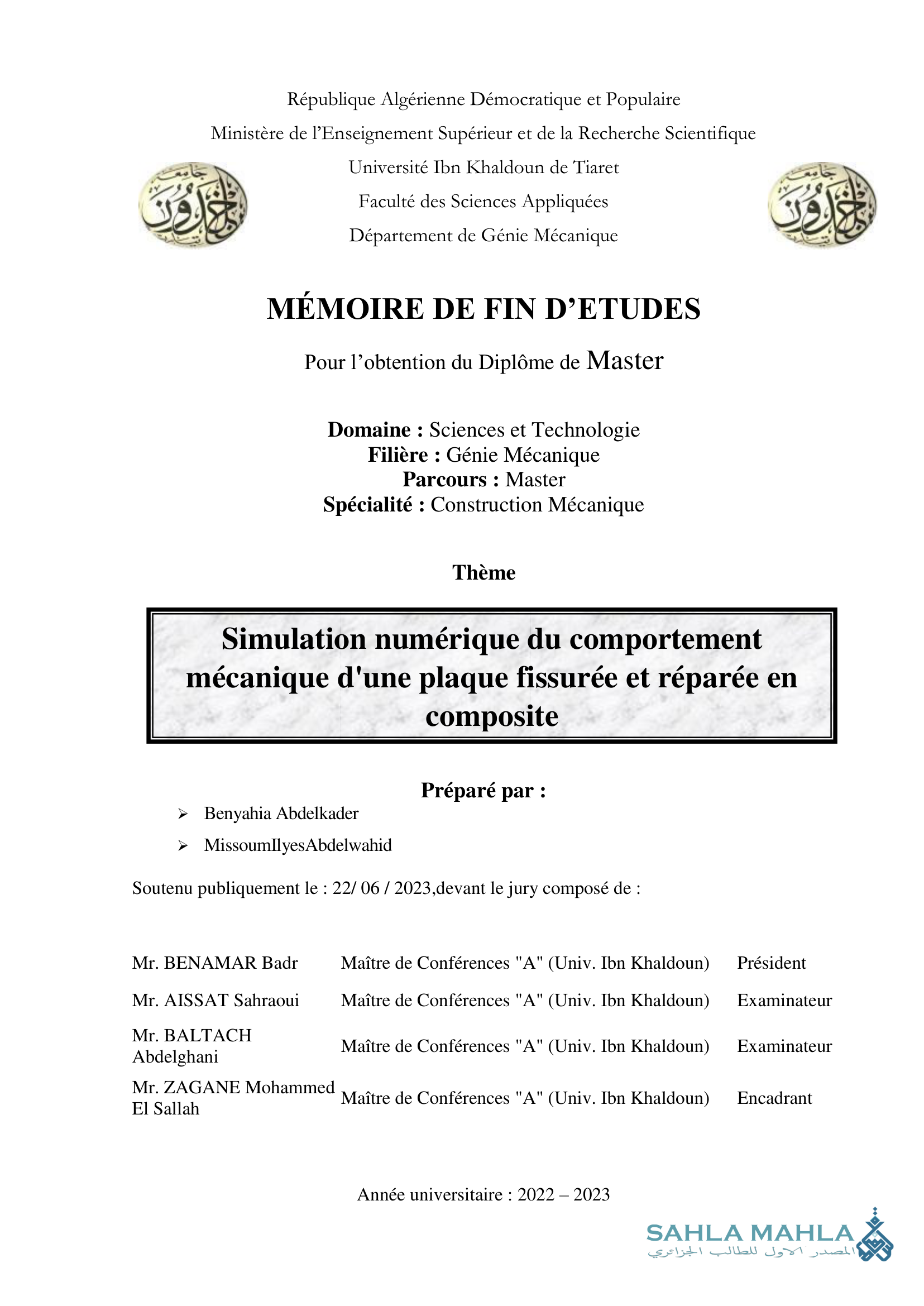 Simulation numérique du comportement mécanique d'une plaque fissurée et réparée en composite