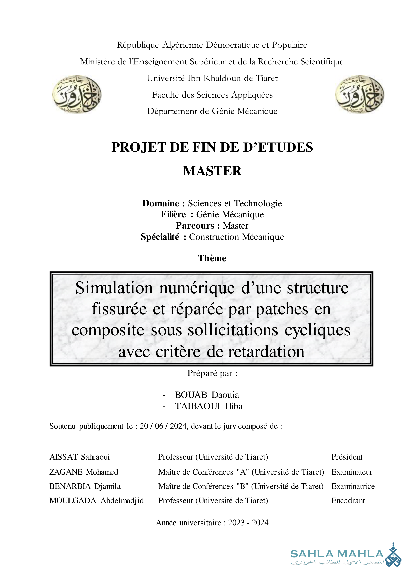 Simulation numérique d'une structure fissurée et réparée par patches en composite sous sollicitations cycliques avec critère de retardation