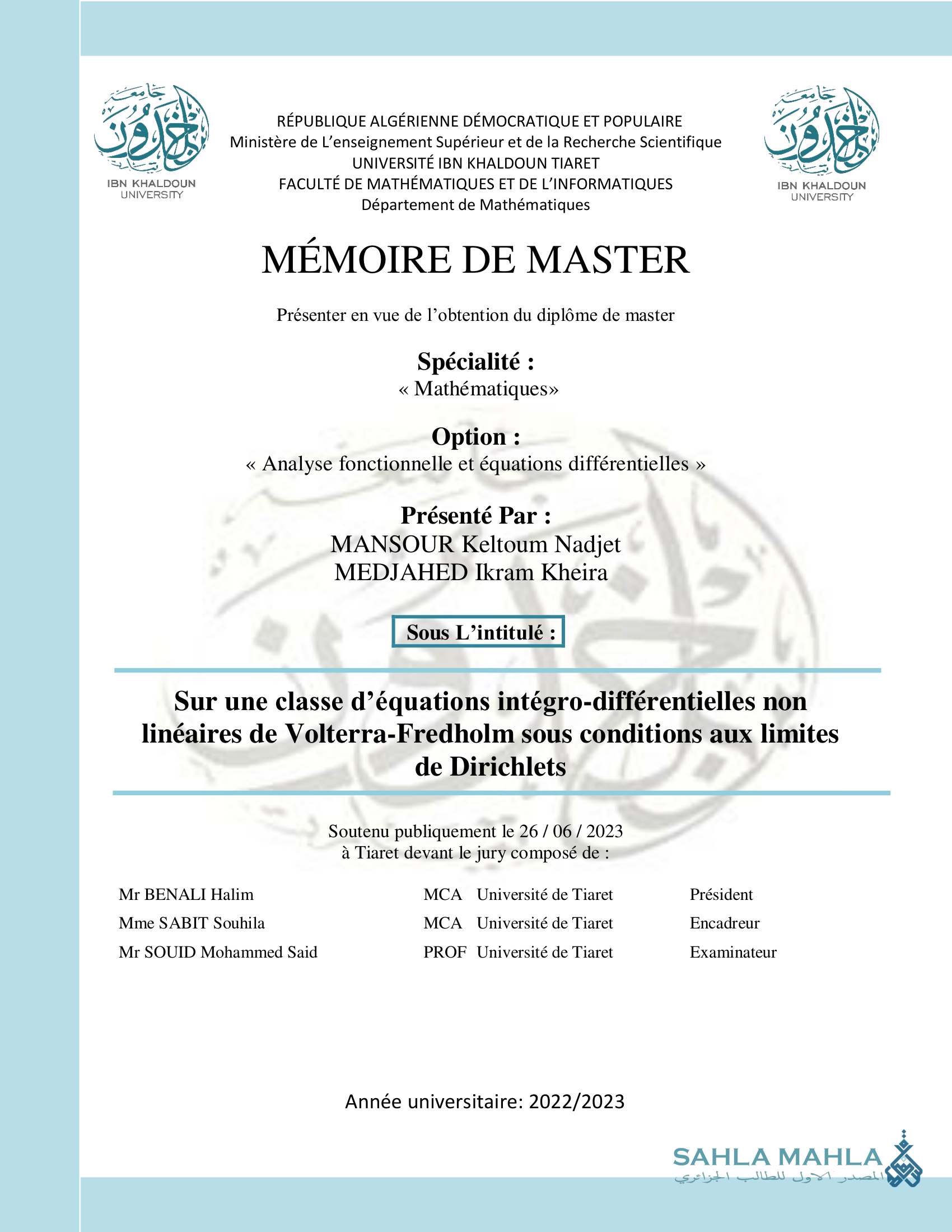 Sur une classe d'équations intégro-différentielles non linéaires de Volterra-Fredholm sous conditions aux limites de Dirichlets