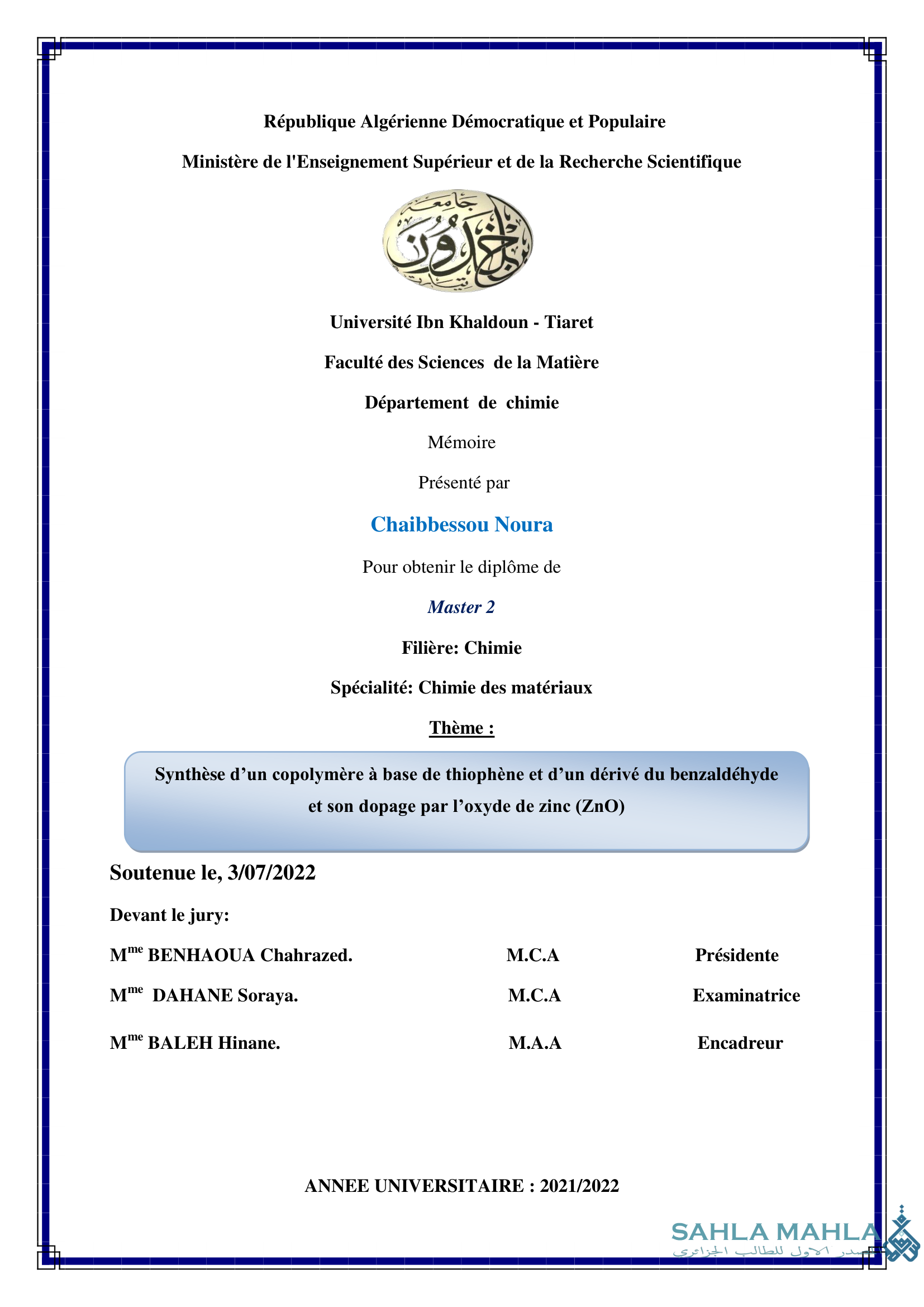 Synthèse d'un copolymère à base de thiophène et d'un dérivé du benzaldehyde et son dopage par l'oxyde de zinc (ZnO)