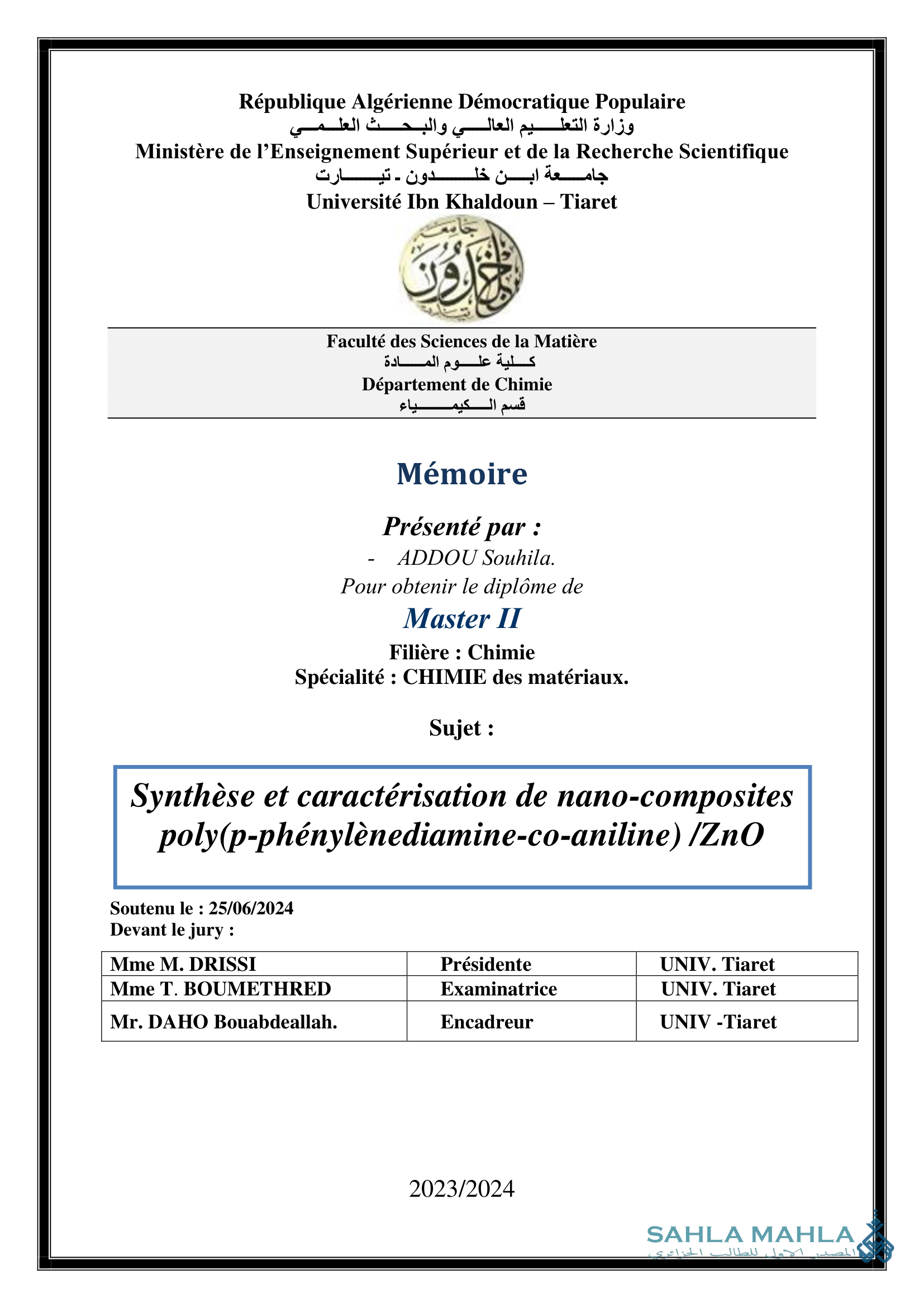 Synthèse et caractérisation de nano-composites poly(p-phenylenediamine-co-aniline) /ZnO