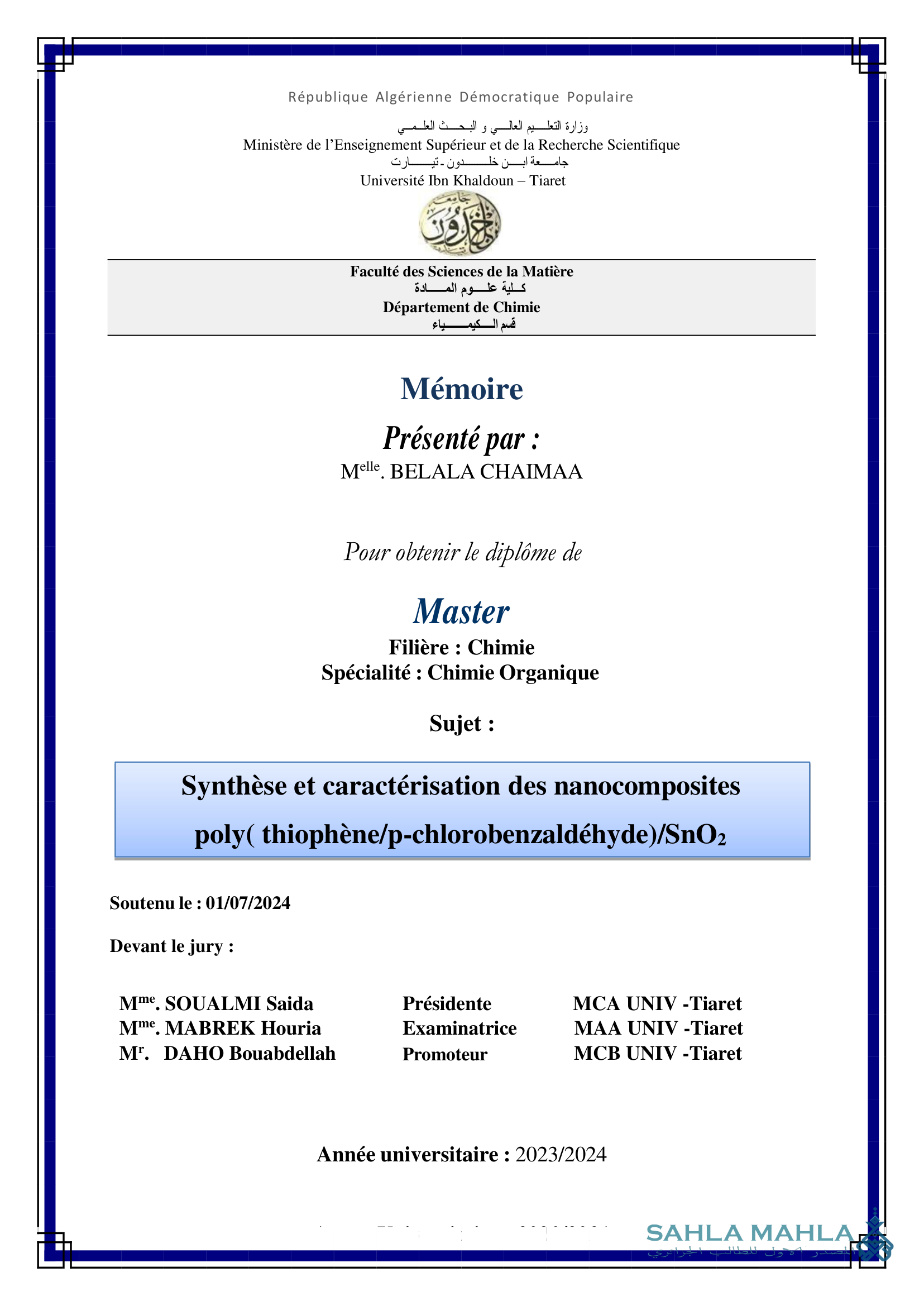 Synthèse et caractérisation des nanocomposites poly(thiophene/p-chlorobenzaldehyde)/SnO2