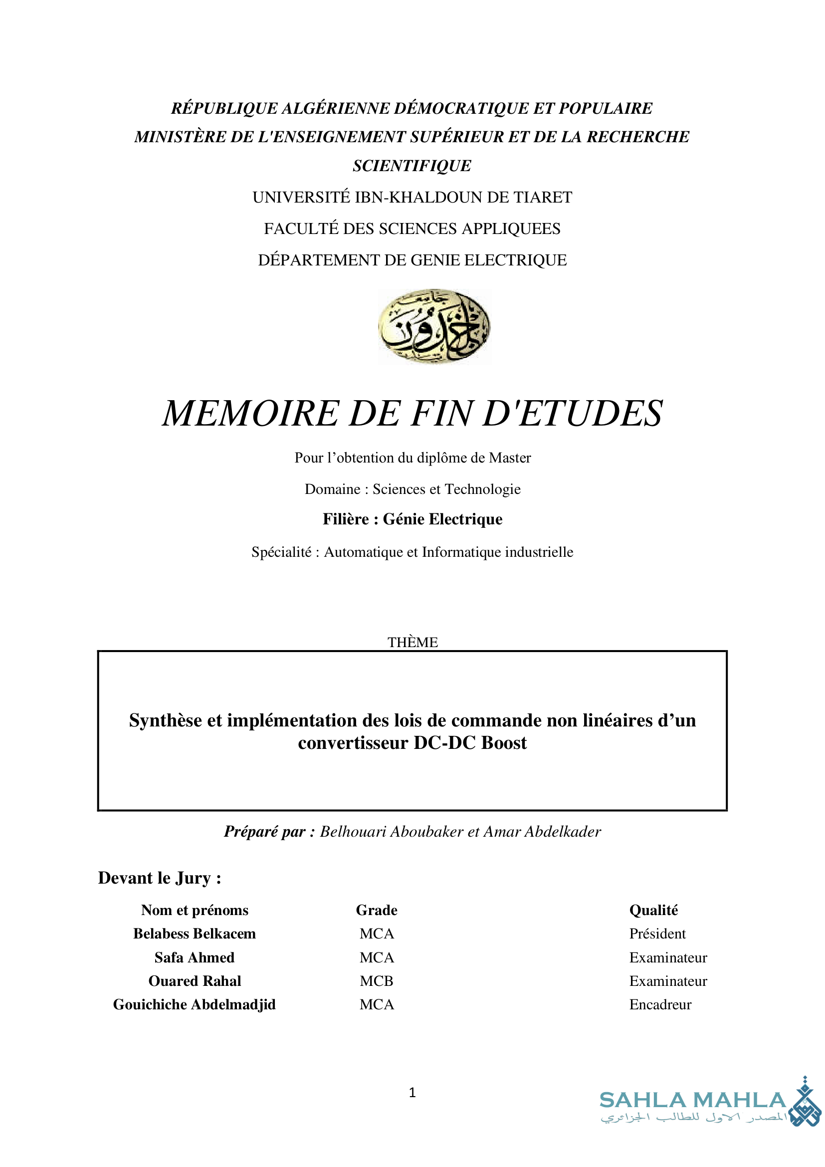 Synthèse et implémentation des lois de commande non linéaires d'un convertisseur DC-DC Boost