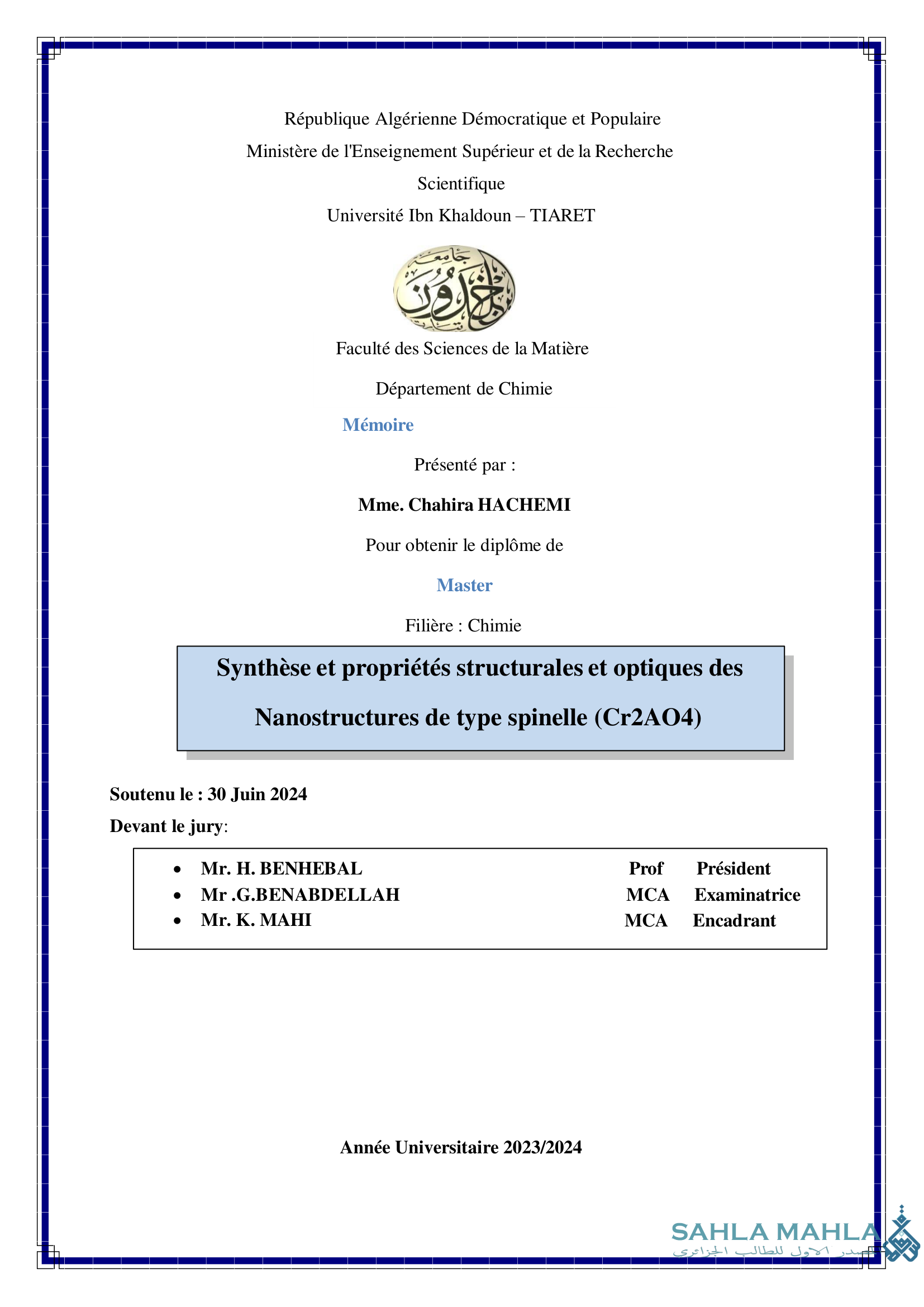 Synthèse et propriétés structurales et optiques des Nanostructures de type spinelle (Cr2AO4)
