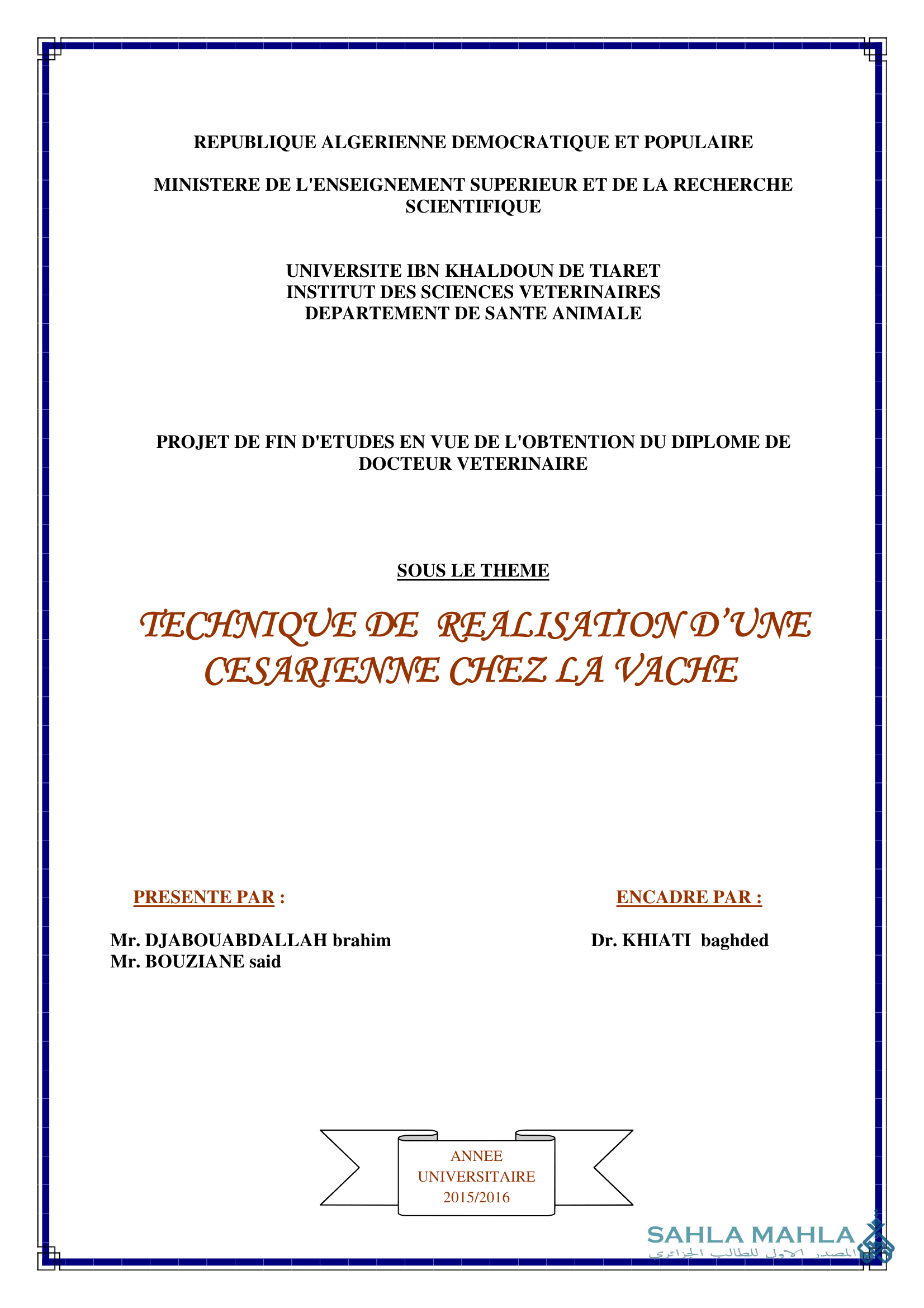 TECHNIQUE DE REALISATION D'UNE CESARIENNE CHEZ LA VACHE