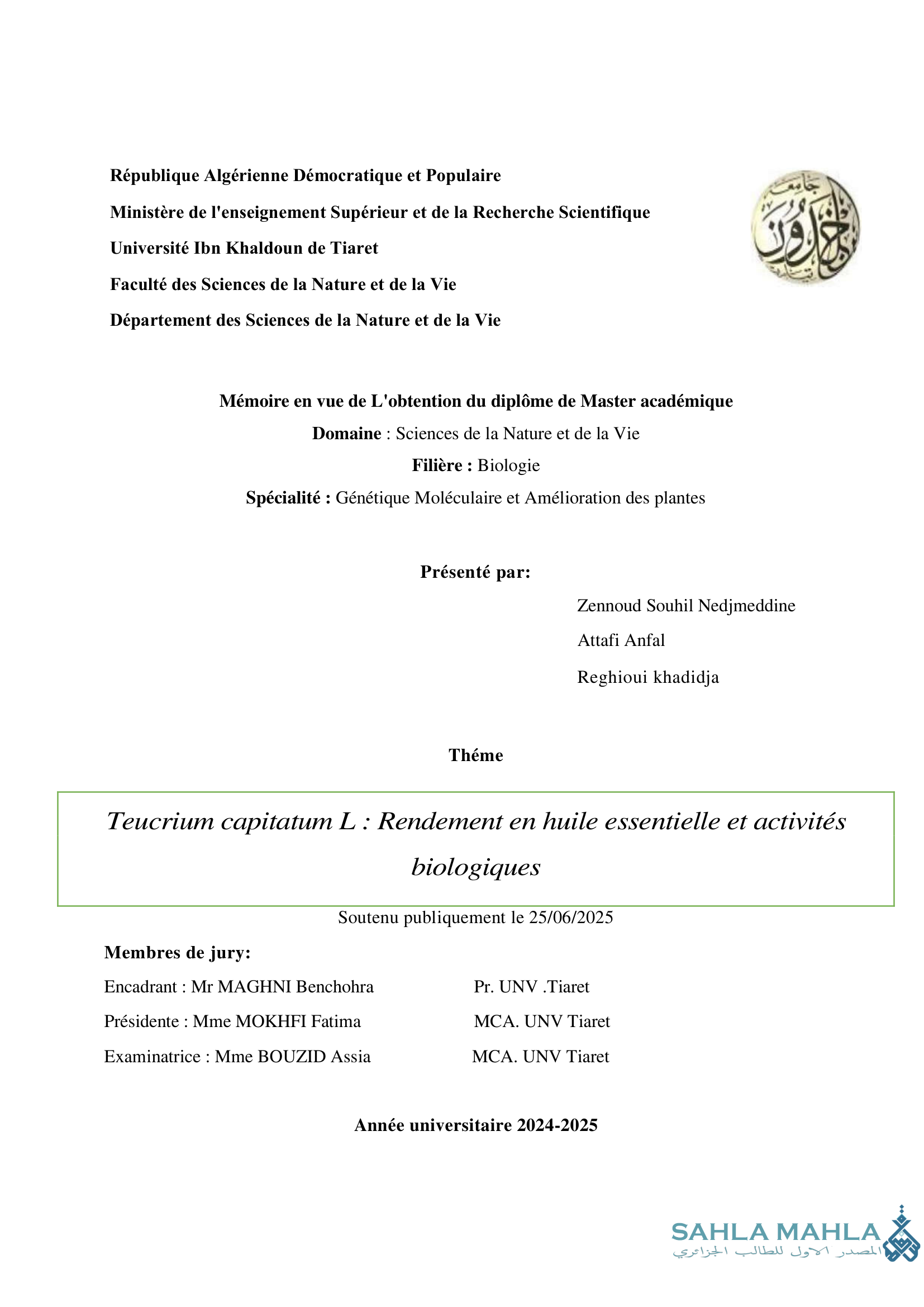Teucrium capitatum L: Rendement en huile essentielle et activités biologiques