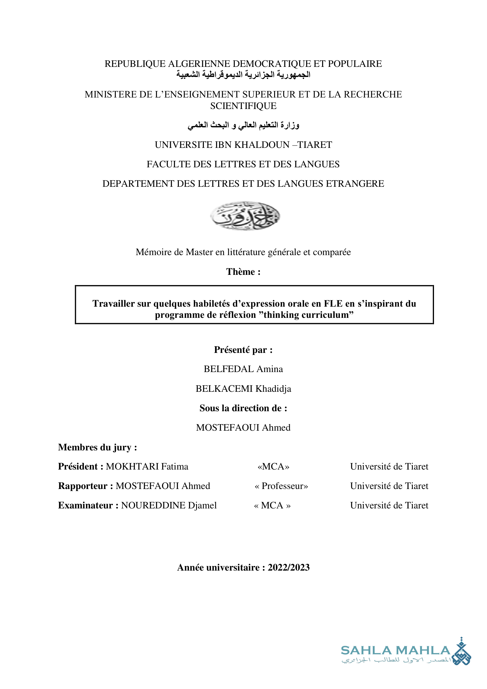 Travailler sur quelques habiletés d'expression orale en FLE en s'inspirant du programme de réflexion 