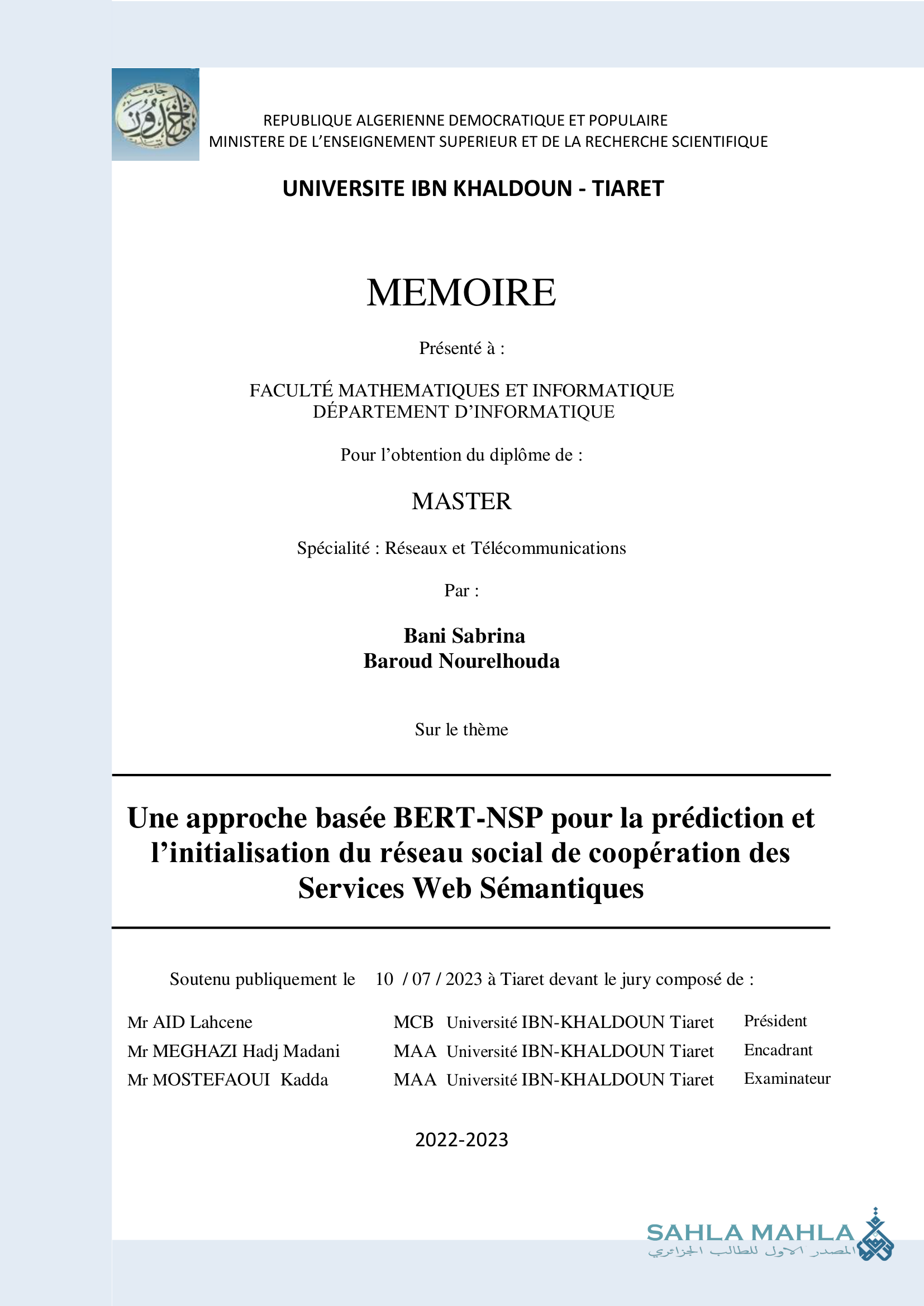 Une approche basée BERT-NSP pour la prédiction et l'initialisation du réseau social de coopération des Services Web Sémantiques