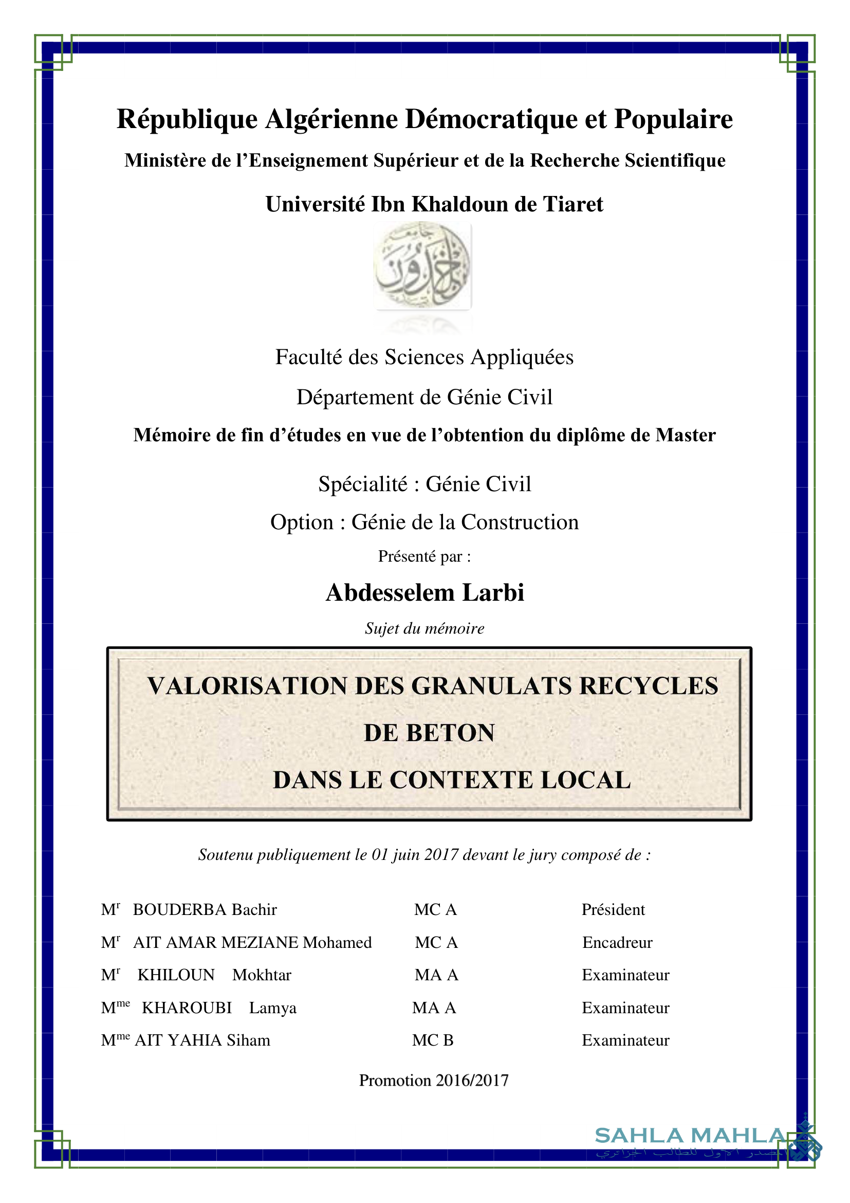 VALORISATION DES GRANULATS RECYCLES DE BETON DANS LE CONTEXTE LOCAL