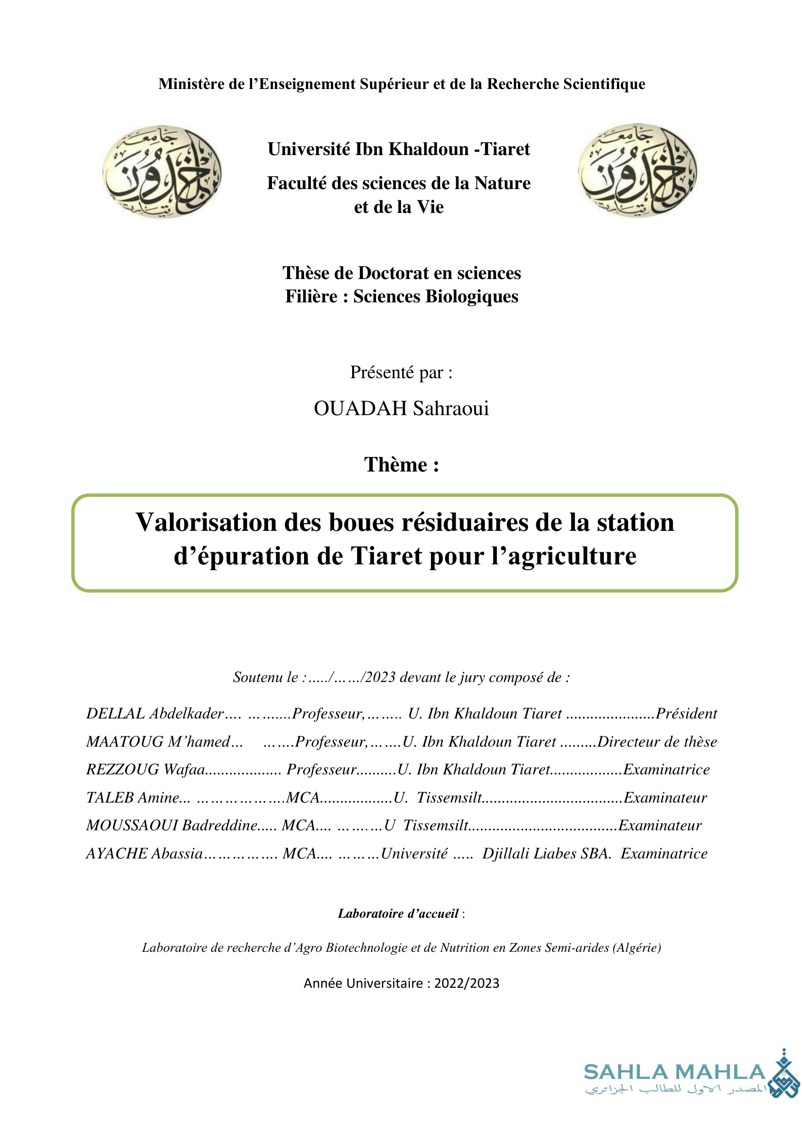 Valorisation des boues résiduaires de la station d'épuration de Tiaret pour l'agriculture