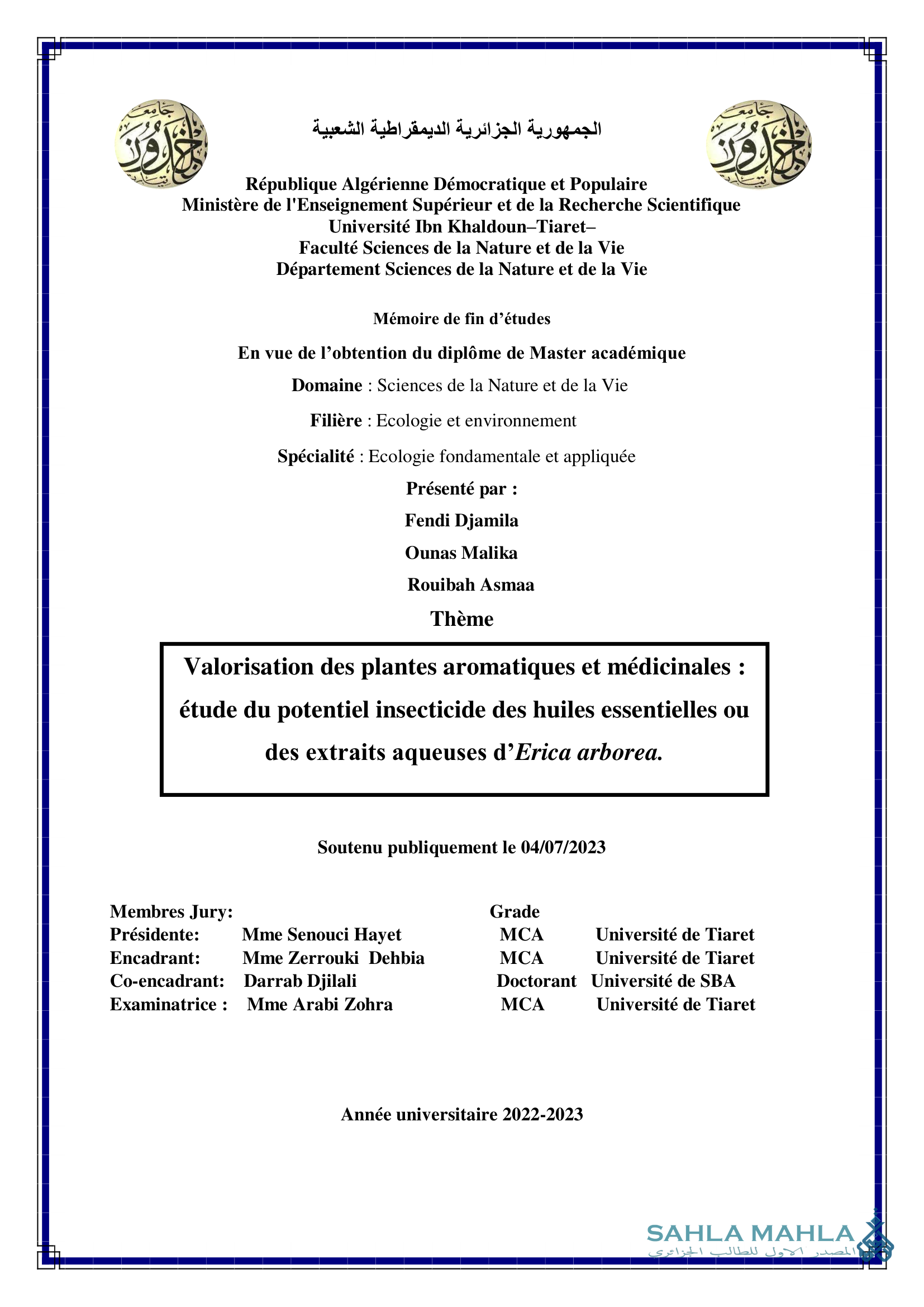 Valorisation des plantes aromatiques et médicinales : étude du potentiel insecticide des huiles essentielles ou des extraits aqueuses d'Erica arborea.
