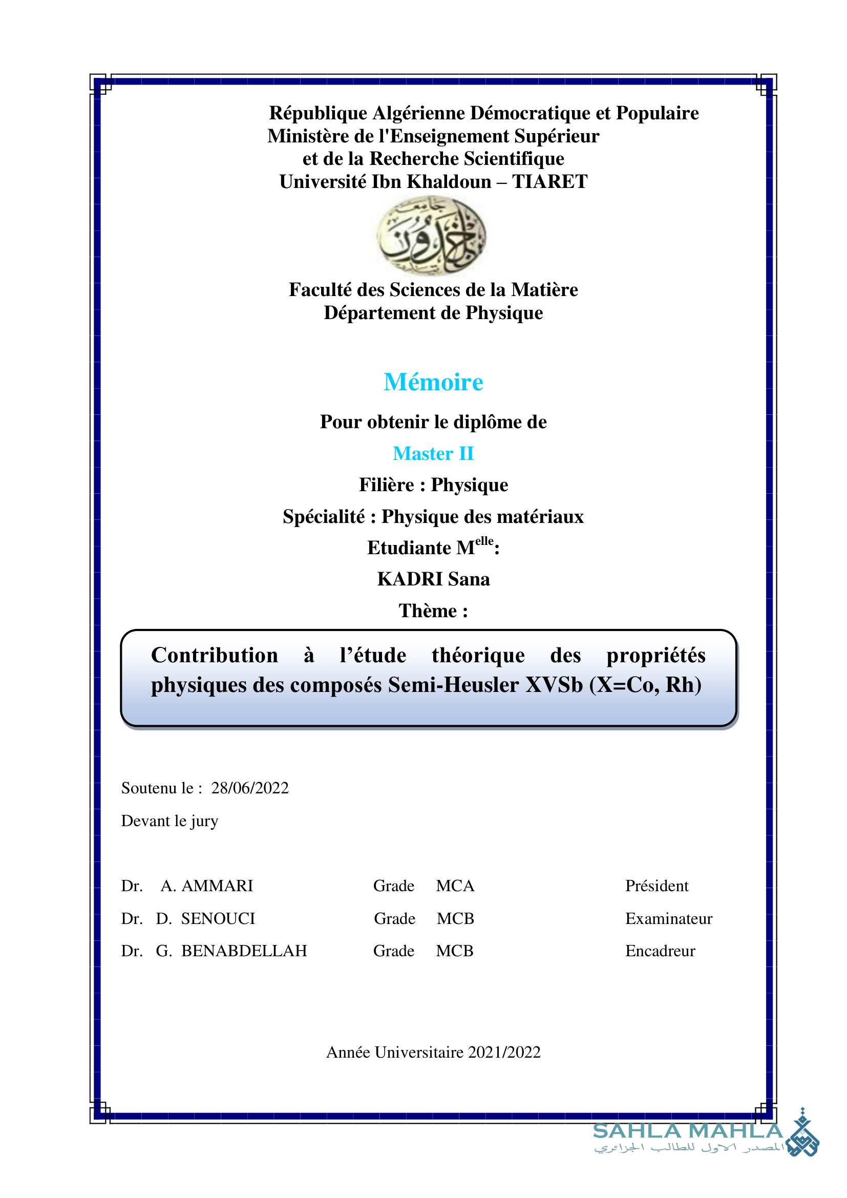 Contribution à l'étude théorique des propriétés physiques des composés Semi-Heusler XVSb (X=Co, Rh)