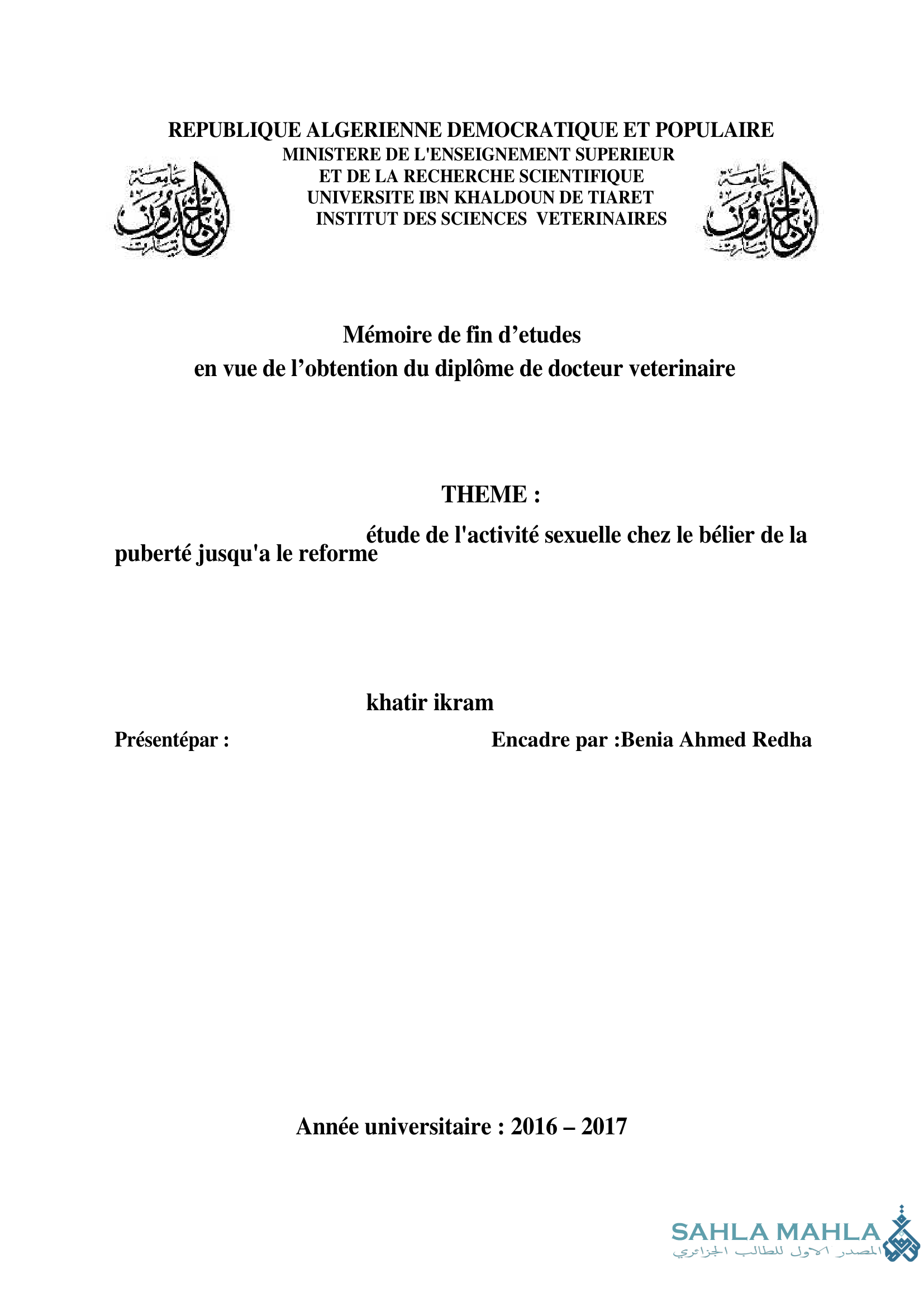 étude de l'activité sexuelle chez le bélier de la puberté jusqu'a le reforme