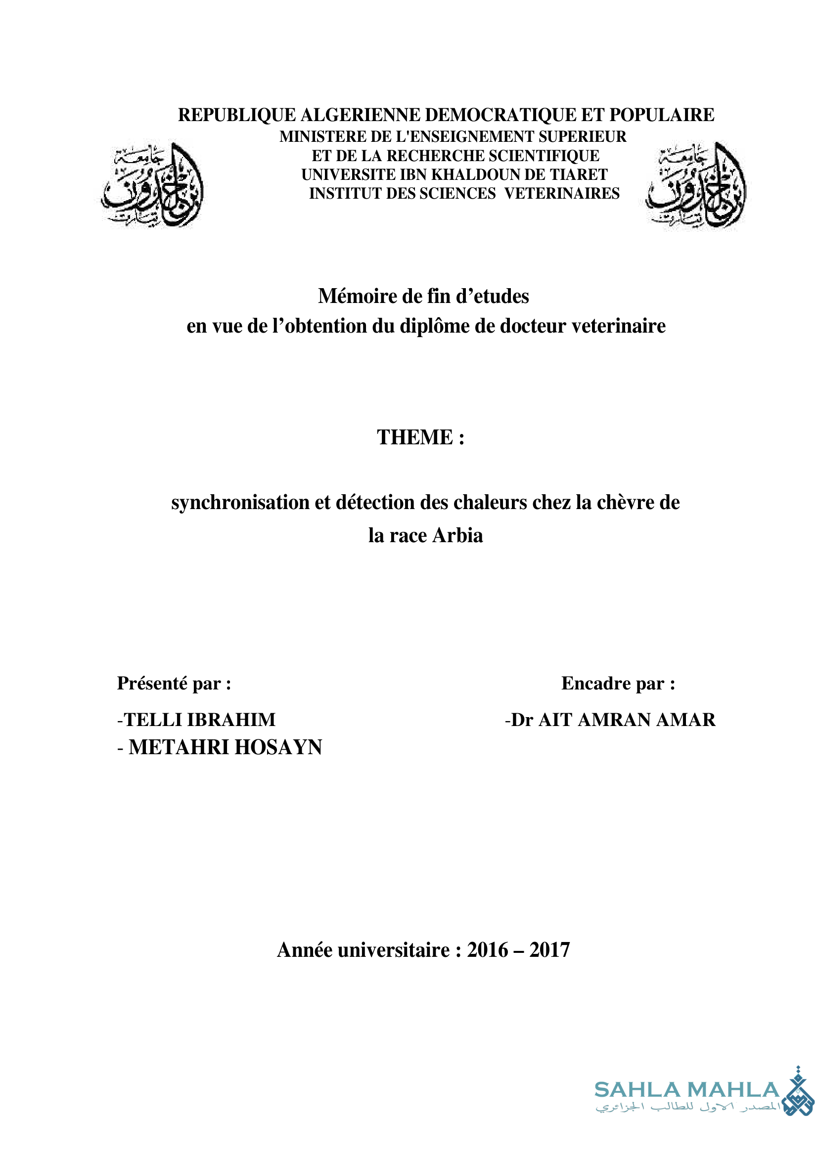 synchronisation et détection des chaleurs chez la chèvre de la race Arbia