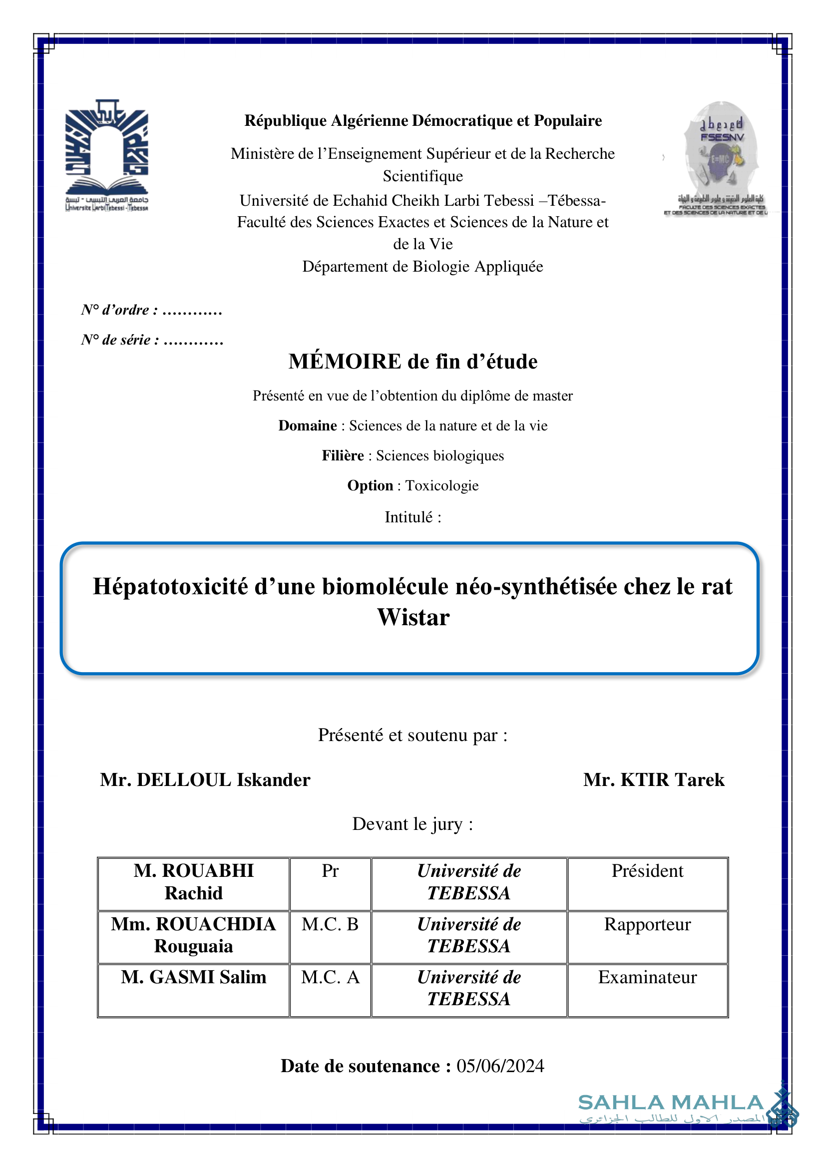 Hépatotoxicité d’une biomolécule néo-synthétisée chez le rat Wistar