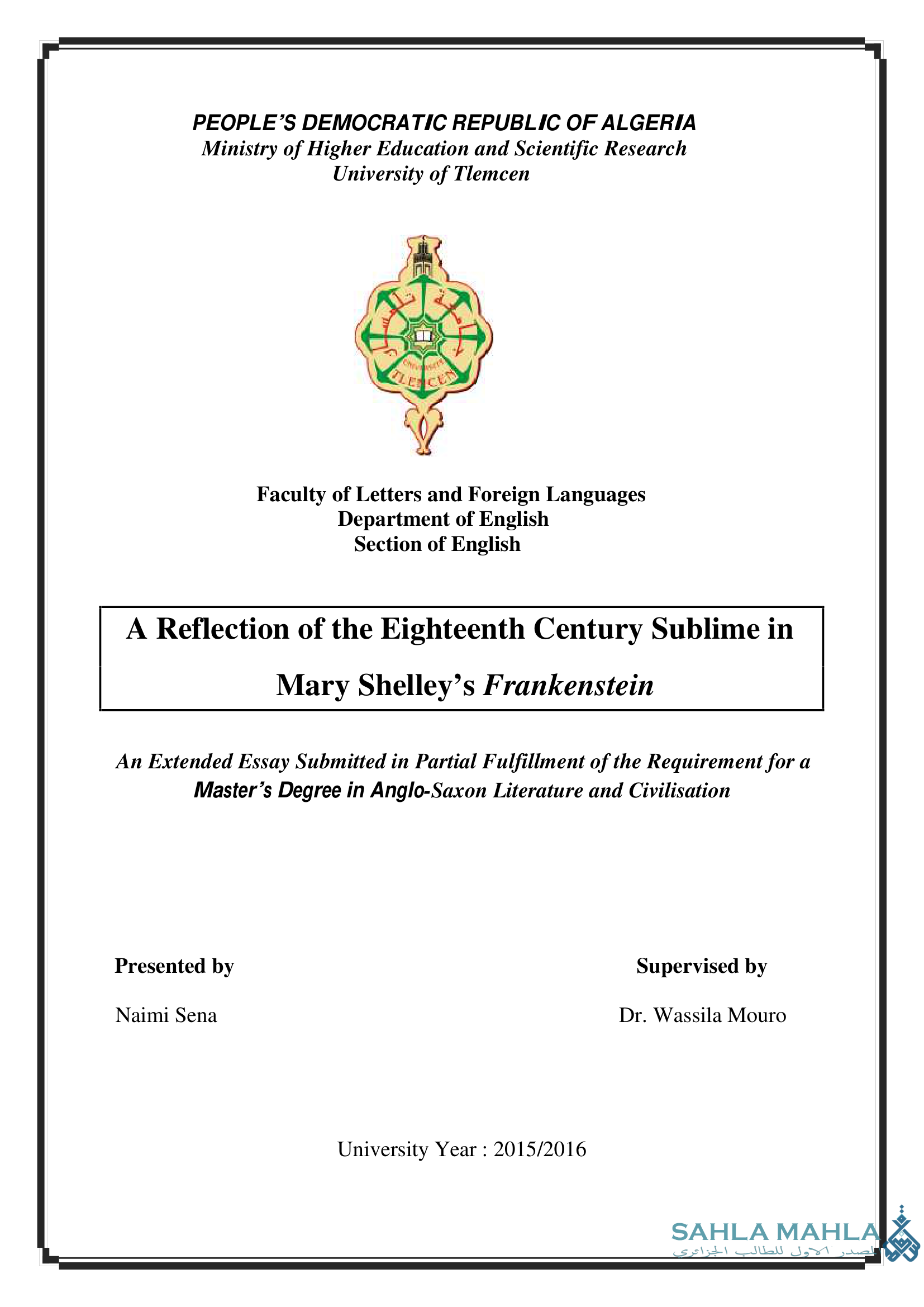 A Reflection of the Eighteenth Century Sublime in Mary Shelley's Frankenstein