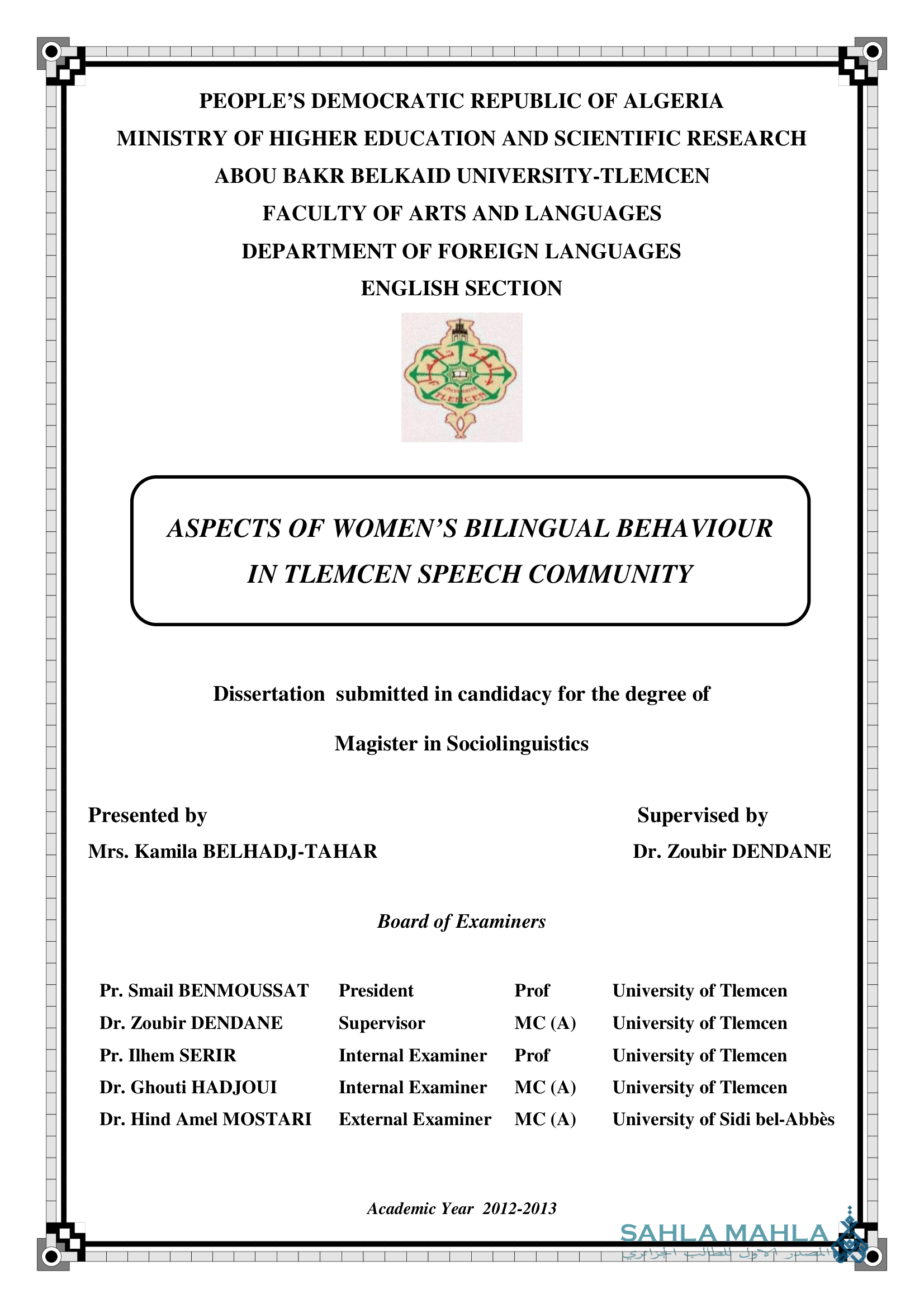 ASPECTS OF WOMEN'S BILINGUAL BEHAVIOUR IN TLEMCEN SPEECH COMMUNITY