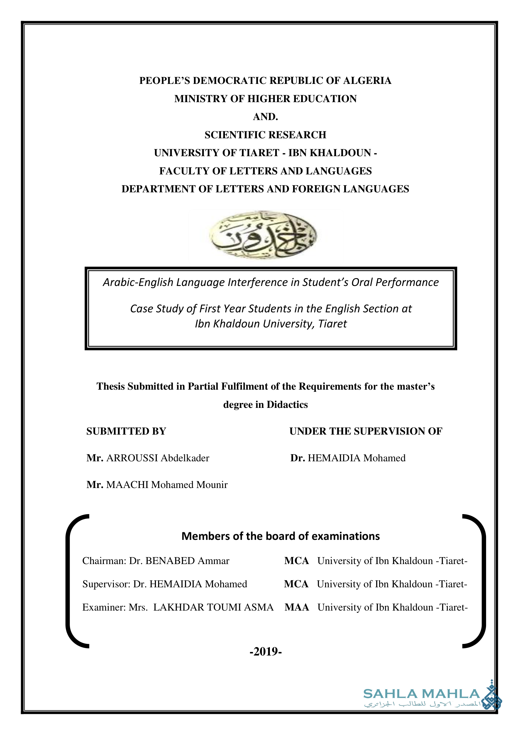 Arabic-English Language Interference in Student's Oral Performance Case Study of First Year Students in the English Section at Ibn Khaldoun University, Tiaret
