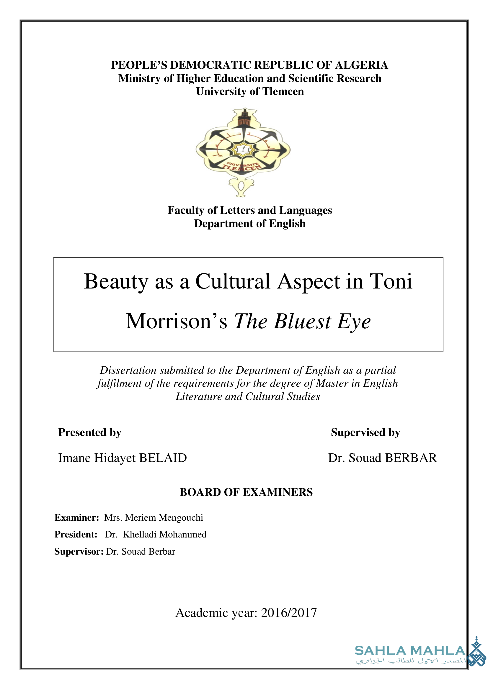 Beauty as a Cultural Aspect in Toni Morrison's The Bluest Eye