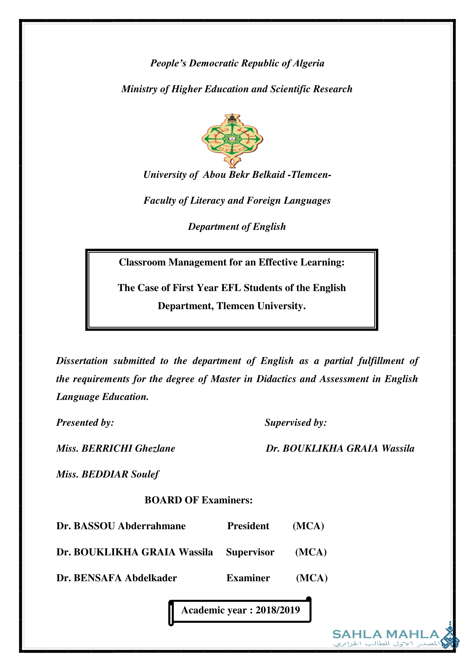 Classroom Management for an Effective Learning: The Case of First Year EFL Students of the English Department, Tlemcen University.