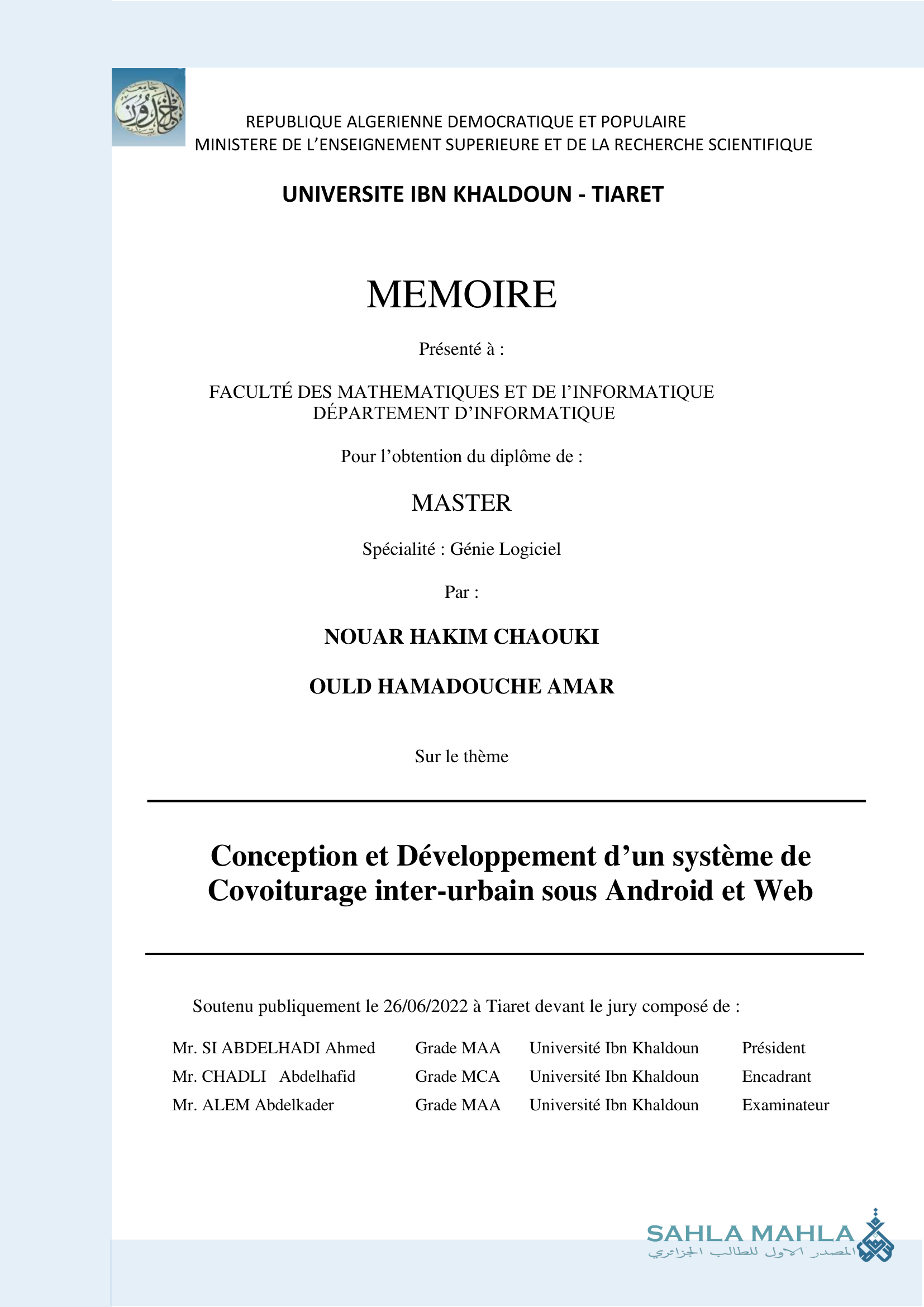 Conception et Développement d'un système de Covoiturage inter-urbain sous Android et Web